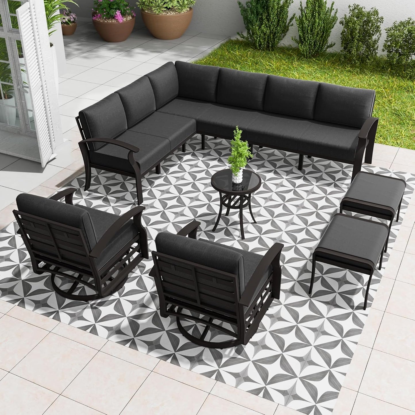 Aluminum Patio Furniture Set, 10 Seats Outdoor Patio Conversation Set with Swivel Chair Modern Metal Patio Sectional Sofa with Coffee Table for Patio, Backyard(Dark Grey).