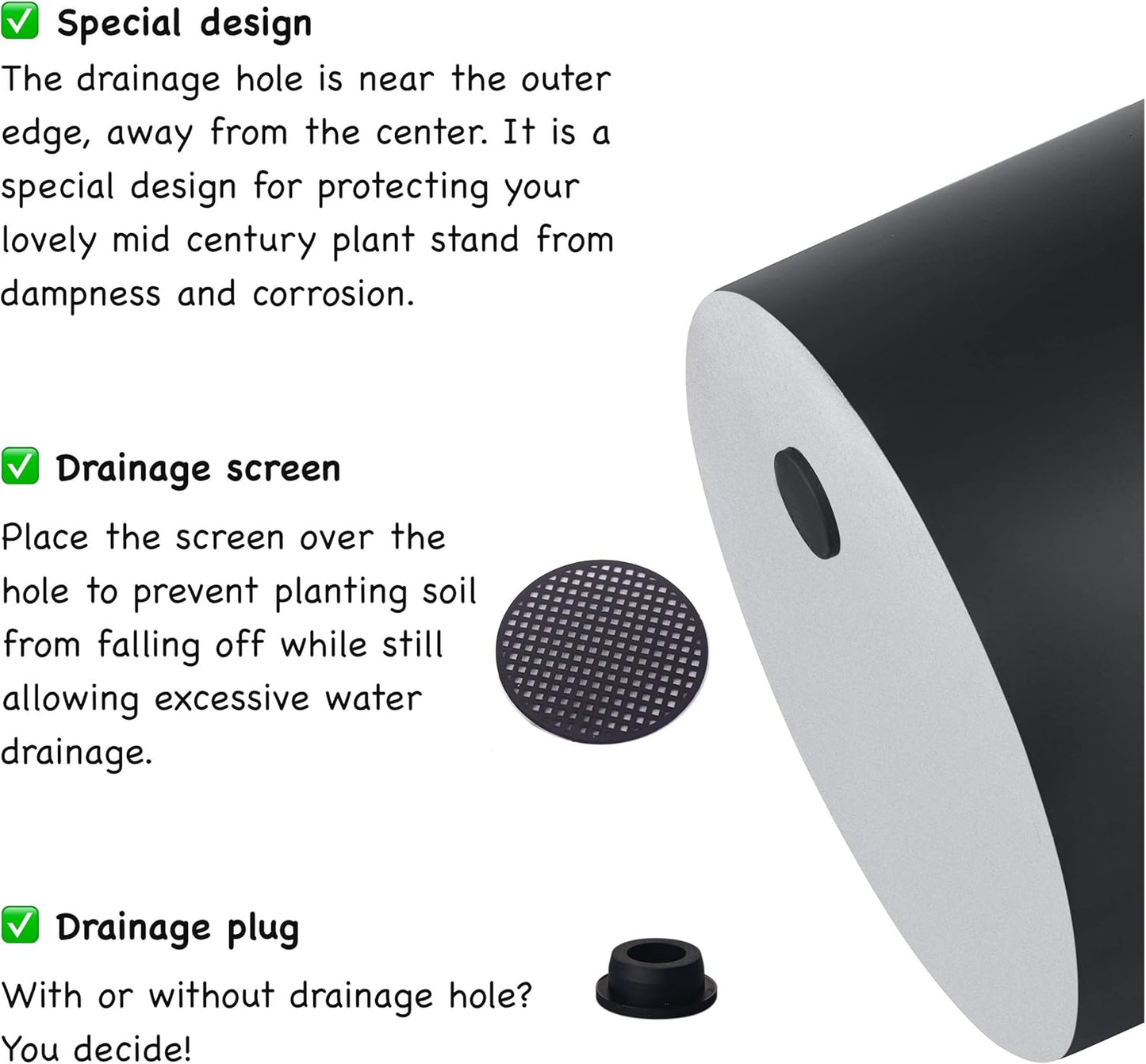 FaithLand Plant Pot 14 inch - Perfectly Fits Mid-Century Modern Plant Stand - Drainage Plug and Drainage Mesh Screen - Matte Black