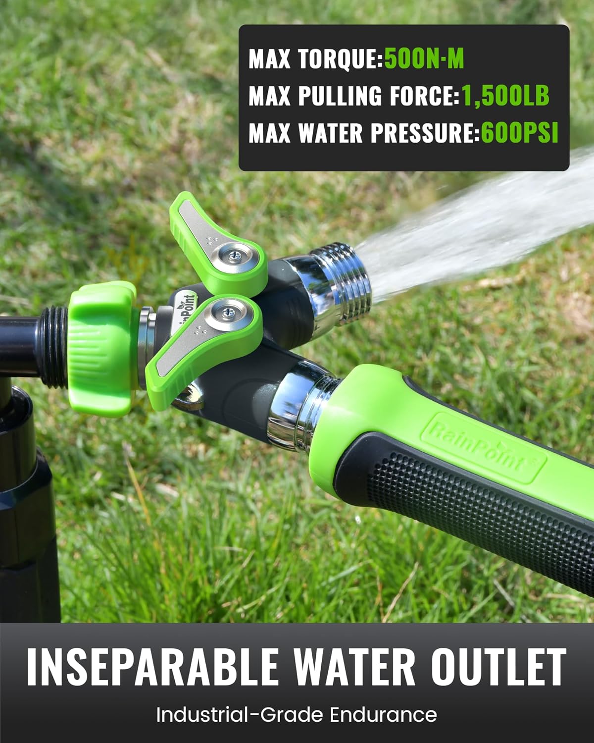 RAINPOINT Garden Hose Splitter, 2 Way Heavy Duty Water Hose Y Spigot Splitter with Shutoff Valves, 100% Metal Body Outdoor Faucet Splitter, 1.9" Extra Long Metal Handle, 3/4" GHT Thread (1, Green)