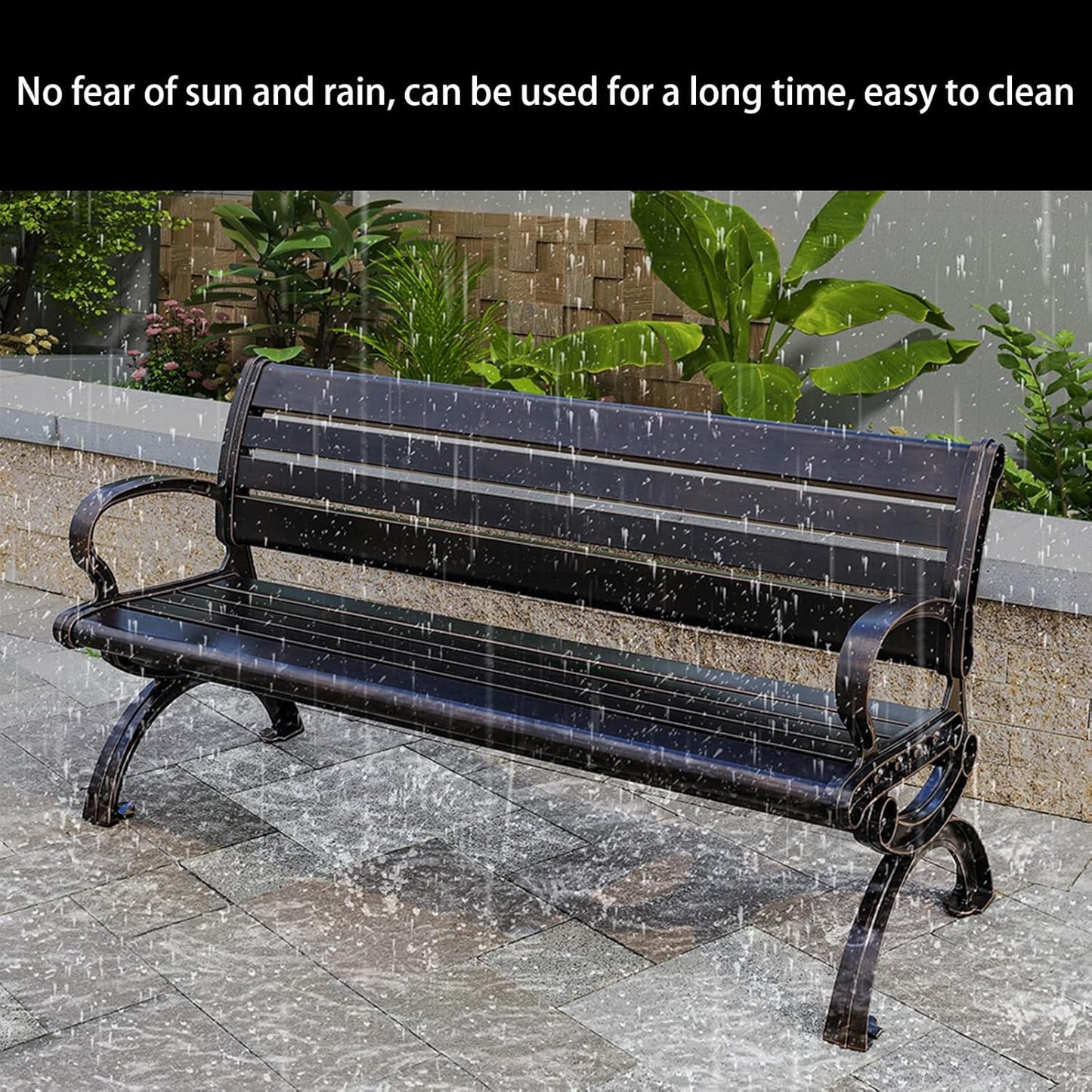 Outdoor Bench Chair Cast Aluminum Garden Bench Patio Bench All-Weather Park Bench for Backyard Porch Lawn (100cm Rose Park Bench)