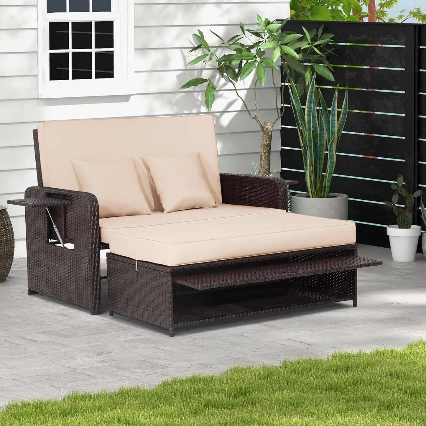 Tangkula Patio Rattan Daybed, Patiojoy Wicker Loveseat Sofa w/Multipurpose Ottoman & Retractable Side Tray, 4-Level Adjustable Backrest, Footstool w/Storage, Seat & Back Cushion Included (Beige)