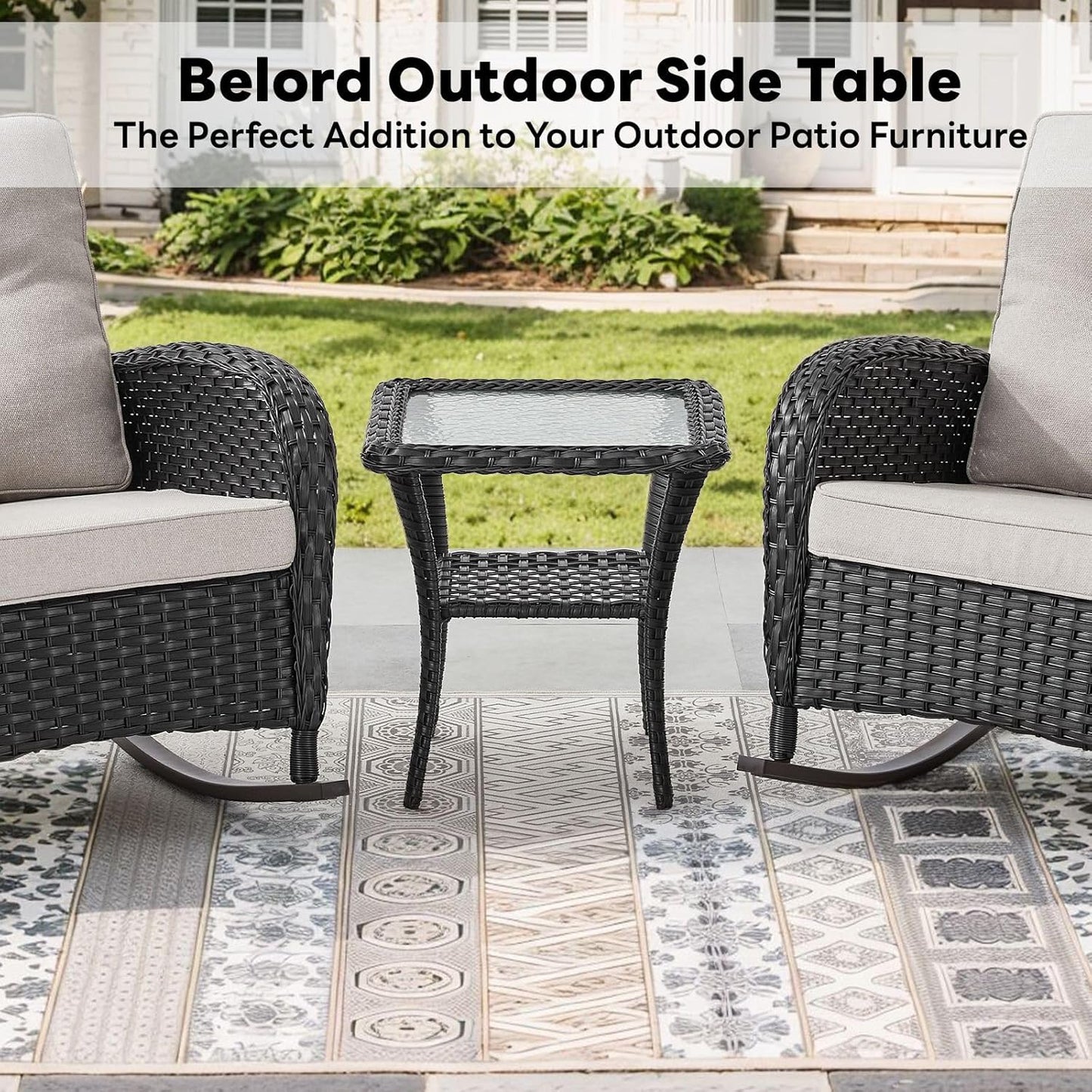 Handwoven Wicker Side Table - 20 Inch Small Outdoor Table 2 Tier Storage with Tempered Glass Top, All Weather Outdoor Patio End Tables for Deck Balcony Outside Black