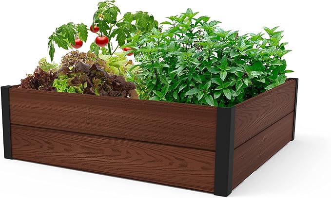 Keter 48" X 48" inches Wood Look Raised Garden Bed, Durable Outdoor Herb Garden Planter for Vegetables, Flowers, and Succulents, Brown