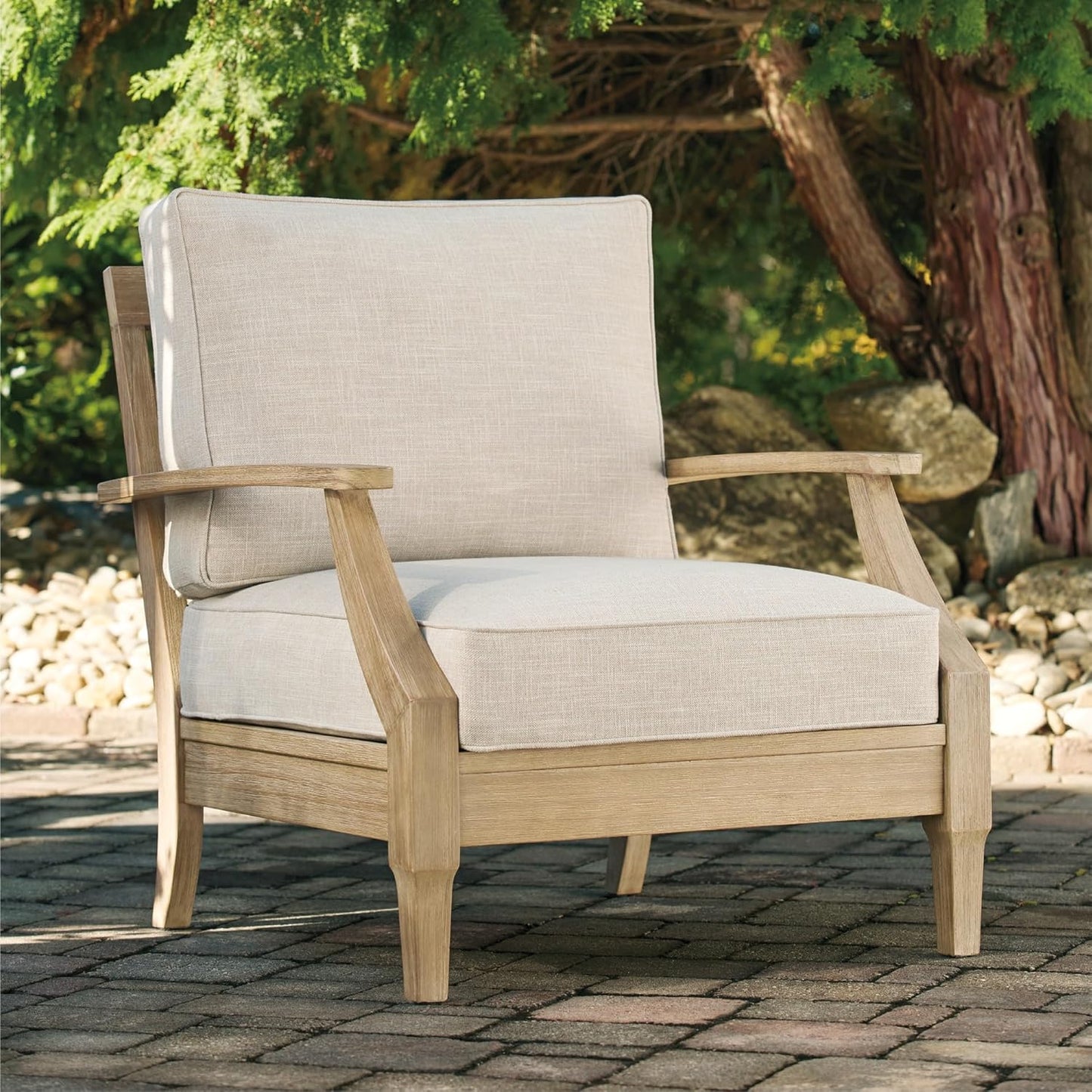 Signature Design by Ashley Clare View Outdoor Eucalyptus Wood Single Cushioned Lounge Chair, Beige