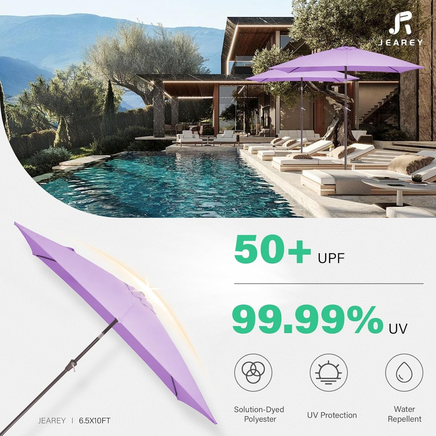 JEAREY 6.5x10 ft Rectangular Patio Umbrellas Outdoor Market Umbrella with Push Button Tilt and Crank, Rectangle Table Umbrella 6 Sturdy Ribs UV Protection for Pool Garden Backyard Deck, Taro Purple