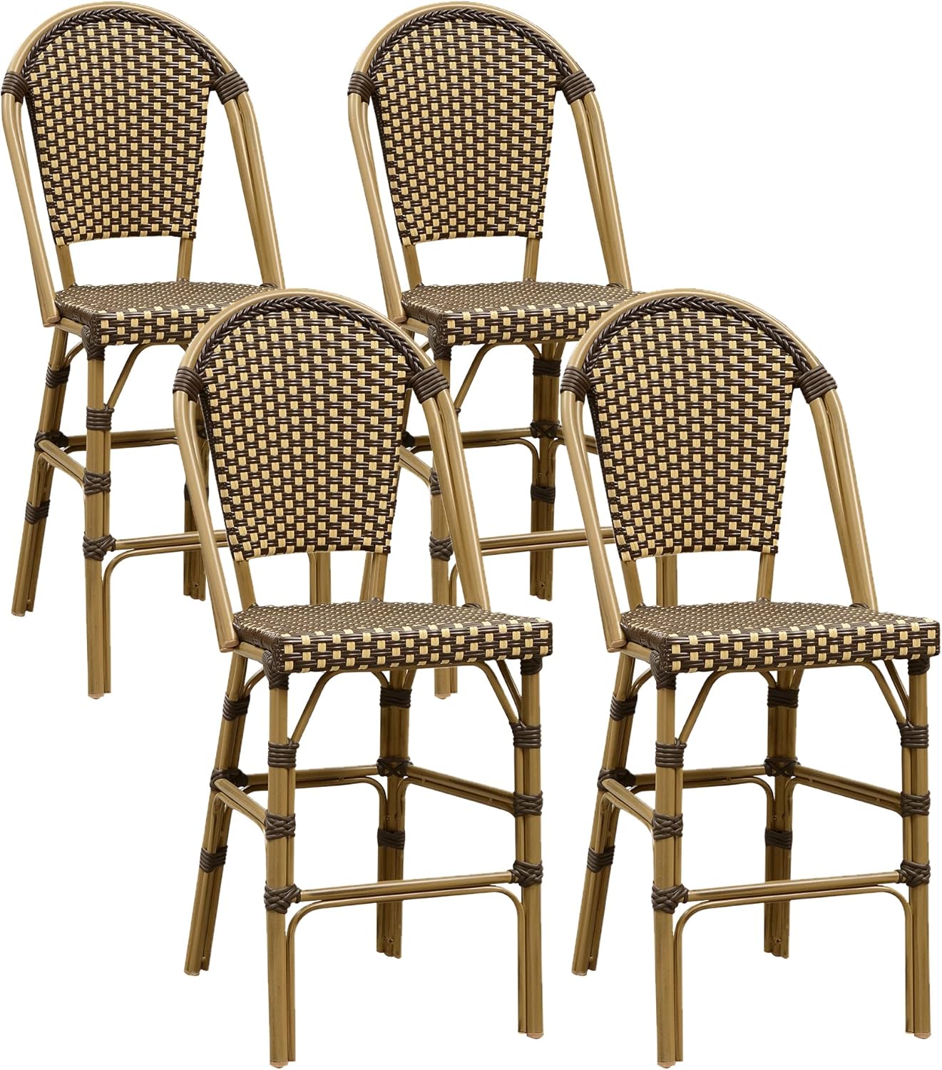 PURPLE LEAF French Counter Height Bar Stool Set of 4 25" Bamboo Print Finish Patio Bar Chairs with Back Rattan Bar Chairs French Bistro Set for Kitchen Outdoor Counter Stool Brown