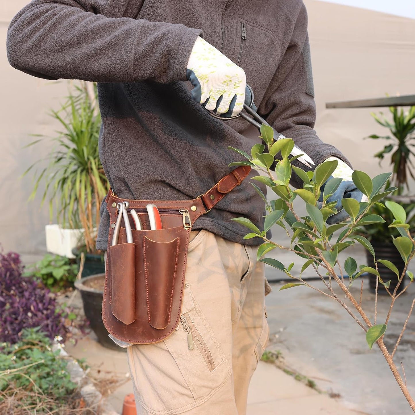 Tourbon Leather Gardening Belt Florist Tool Bag Gardener Holster Waist Pouch Electrician Carpenter Organizer Kit with 4 Pockets Up to 44"", Brown