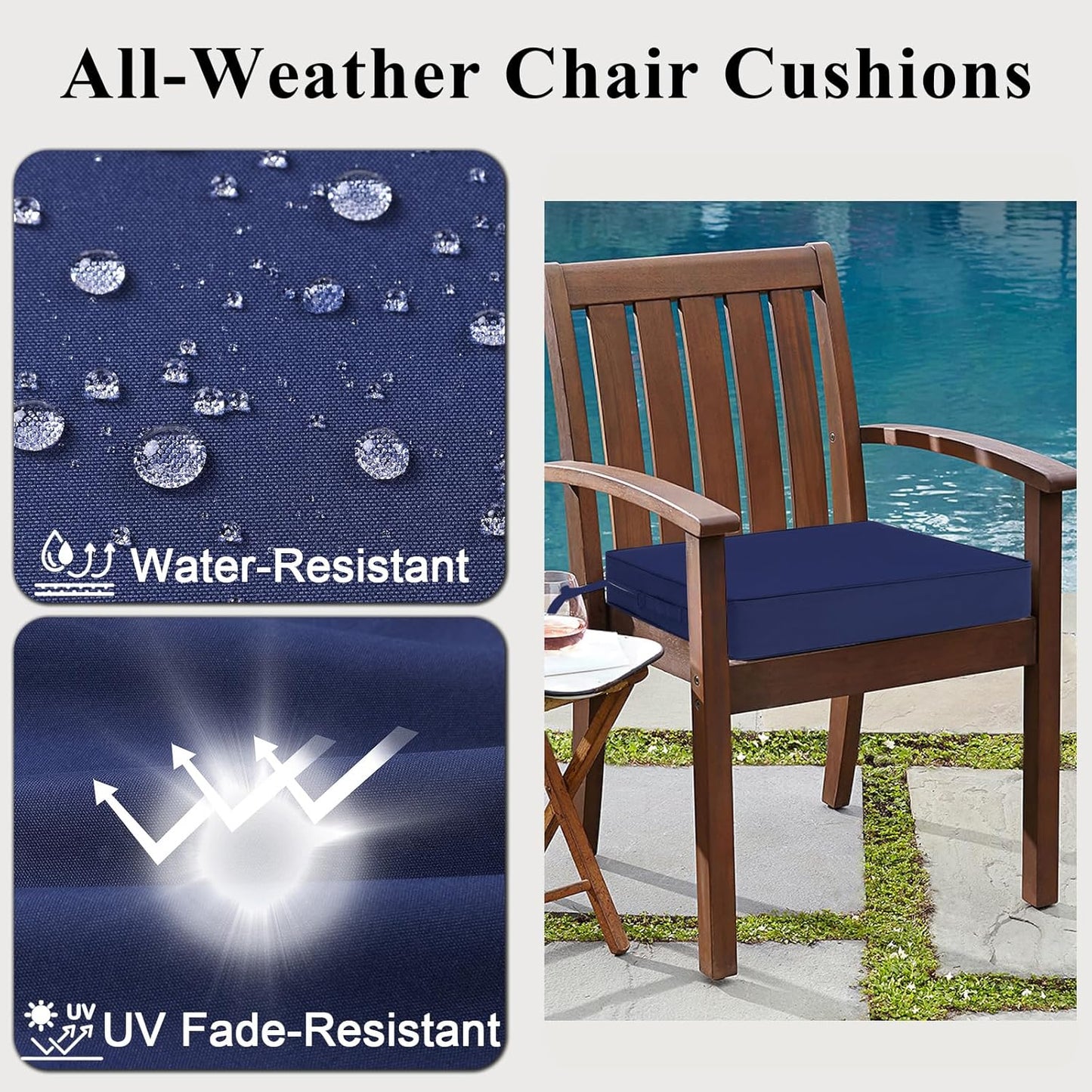 Outdoor Chair Cushions Set of 2 for Patio Furniture 24x24x4 Inch Waterproof Patio Chair Cushion 3 Year Color Fastness Square Elastic Foam Garden Sofa Couch Pads with Ties and Handle,Blue