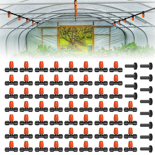 Pawfly 60 Pcs Push-to-Fit Drip Irrigation Spray Emitters with Adjustable 360 Degree Water Flow, Irrigation Drippers with End Plugs, Tee Misting Atomizing Nozzles Micro Sprayers for 1/4 Inch Tubing