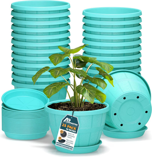 10-Inch Whiskey Barrel Planters Outdoor Pack of 25 - Durable Plastic Plant Pots for Indoor & Outdoor Use with Drainage & Saucer, Lightweight Rustic Barrel Planters for Flowers, Herbs & Small Plants