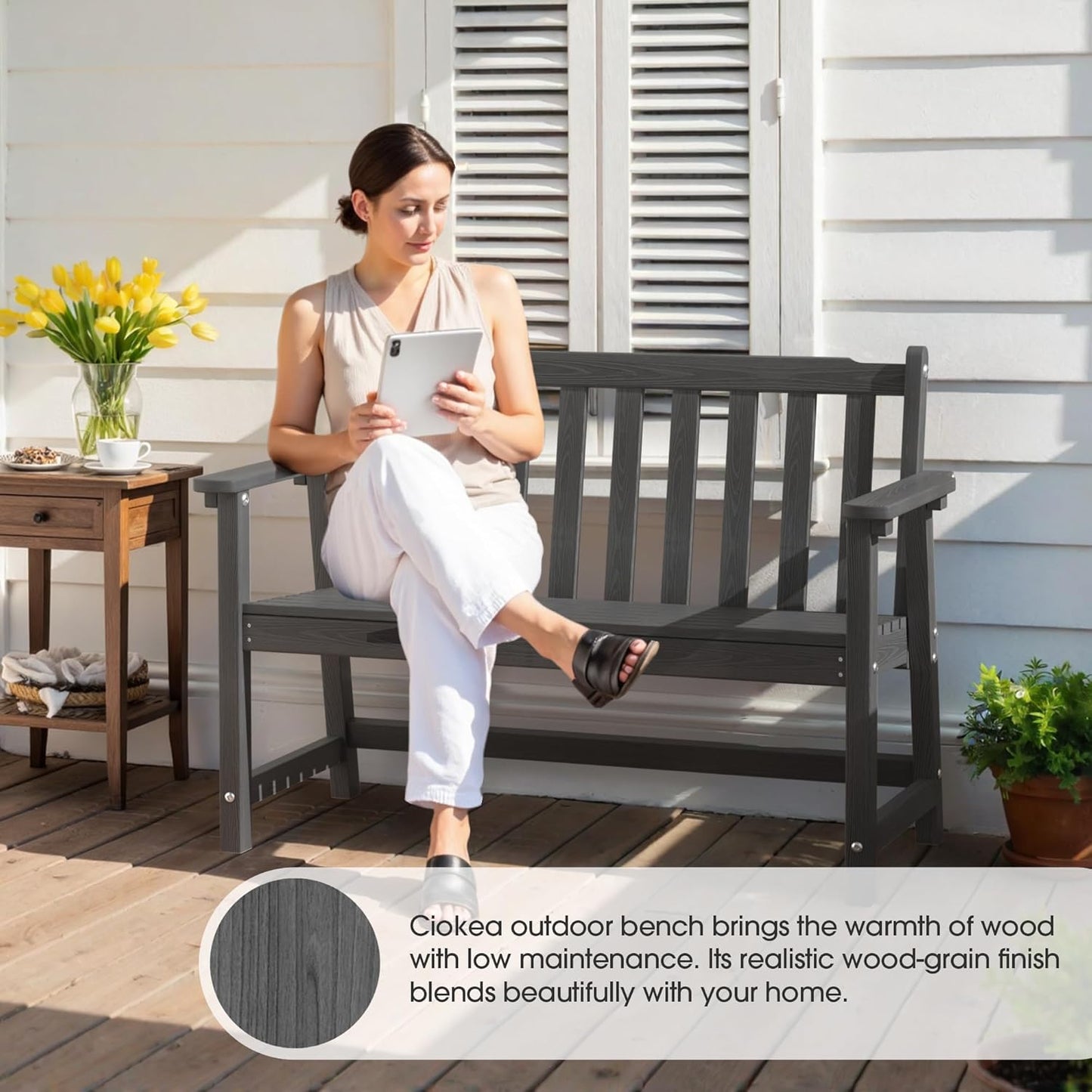 Ciokea 44" Outdoor Bench, HDPE Weatherproof Garden Bench, 2-Person Porch Benches with 550 Lbs, Waterproof Patio Benches for Outside Balcony Deck Backyard, Dark Grey