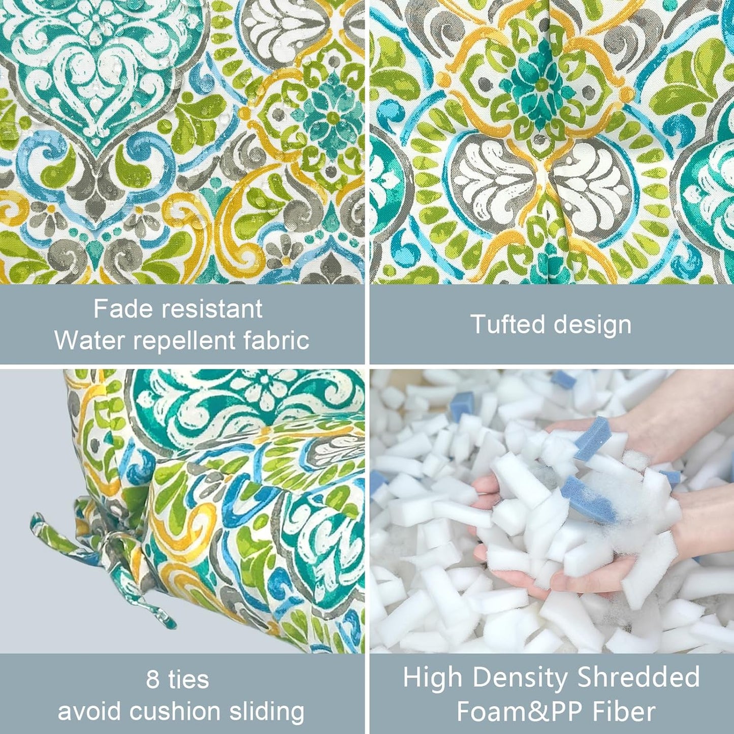 LVTXIII Outdoor Tufted Low Back Cushions, Solid Fluffy Seat and Back Chair Cushion with Ties, Patio Replacement Rocking Chair Cushion for Outdoor Furniture Use, 21 W x 21D, 2 Pack, Damask Green