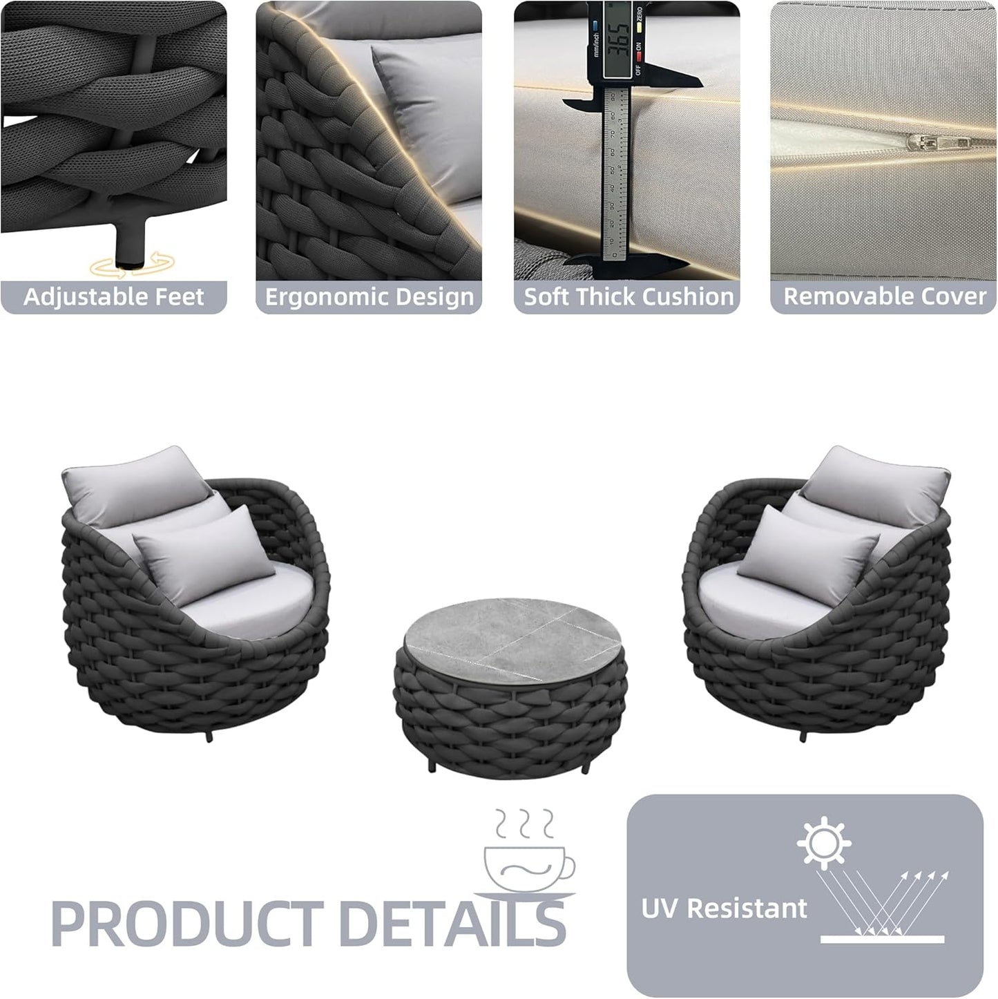 3 Pieces Aluminum Patio Furniture Set Modern Patio Set with Coffee Table, No Assembly Required Outdoor Conversation Set with Dark Grey Cushions for Balcony, Porch, Lawn