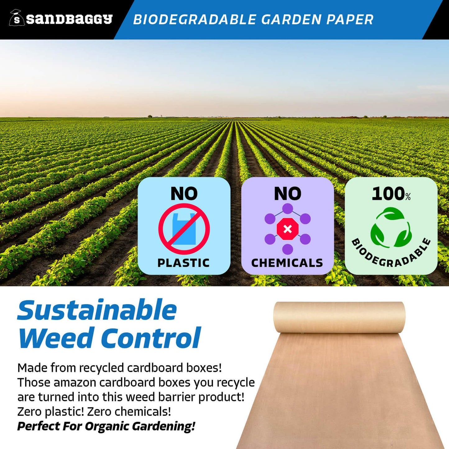 Sandbaggy Biodegradable Landscape Fabric - Garden Paper for Weeds - Paper Mulch Rolls - Made in America (4 ft x 50 ft, 1)