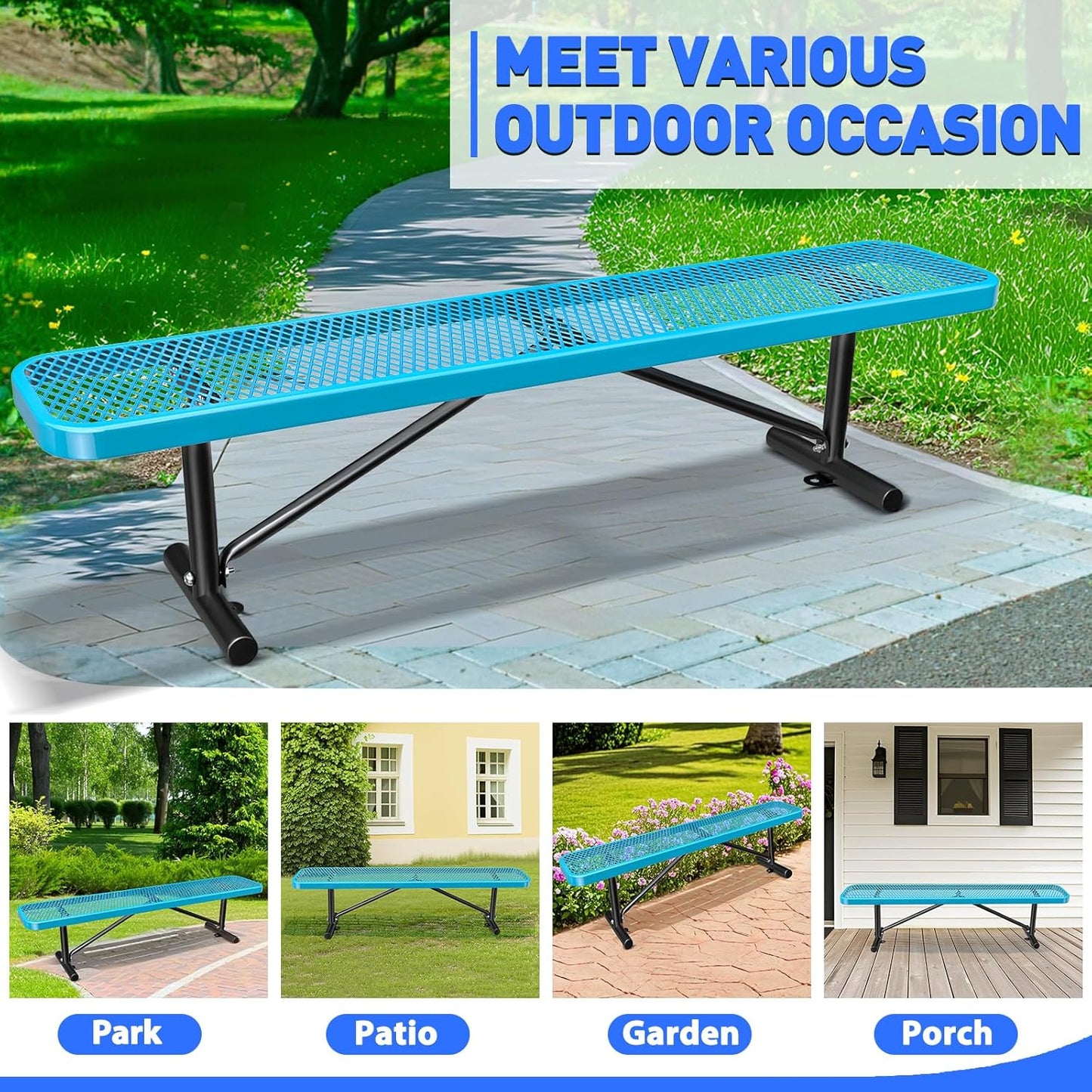 Thermoplastic Coated Iron Park Bench for Outside, Heavy Duty Metal Garden Bench, Expanded Commercial Grade Seating for Shopping Malls, Lawn Yard Porch Entryway (Blue Without Backrest, 72IN)