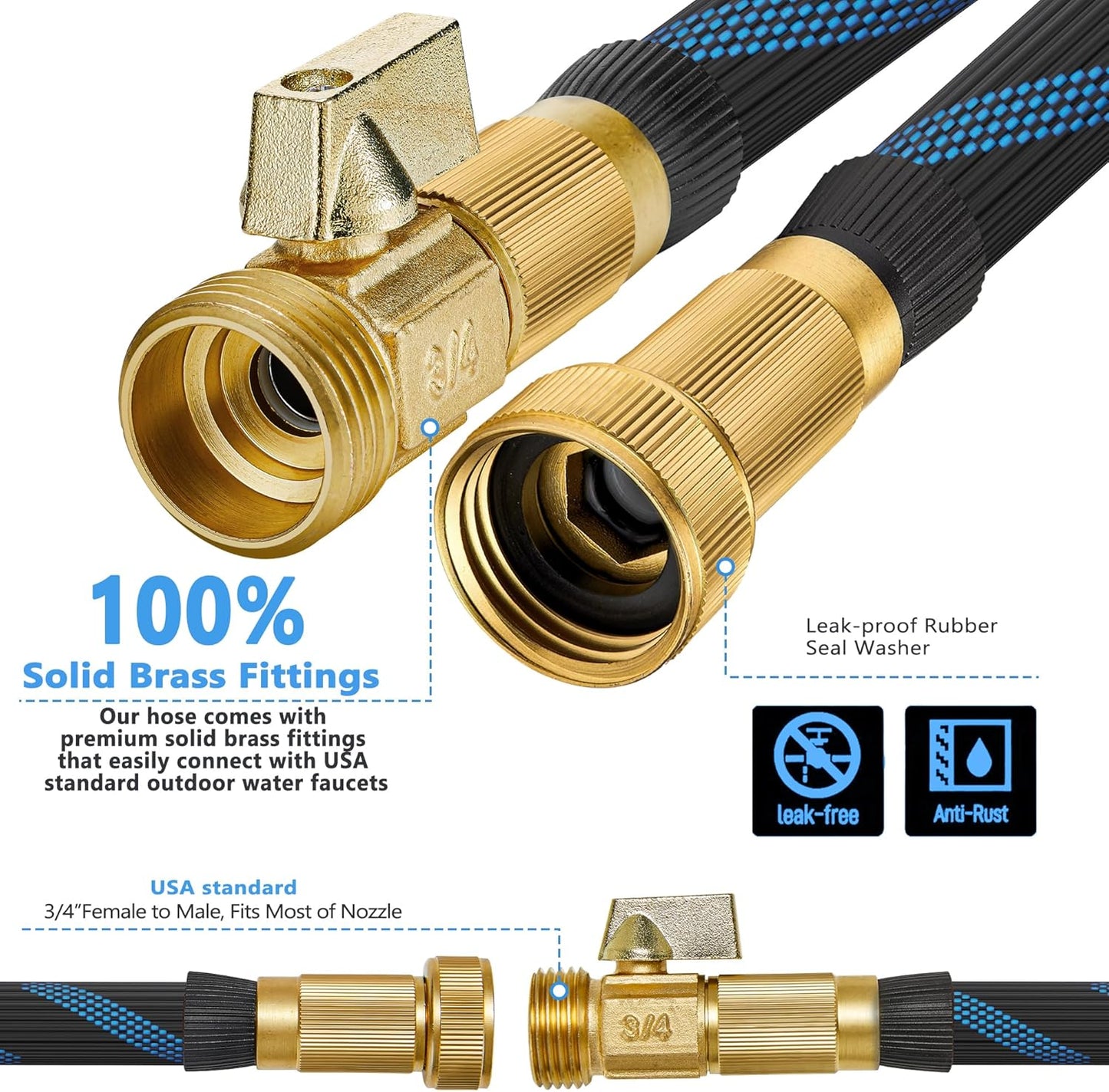 75 ft Garden Hose-No Kink,Heavy Duty,Lightweigh Flexible,Leakproof Water Hose with Sprayer Nozzle-3/4" Solid Brass Connectors-Rubber Car Hoses