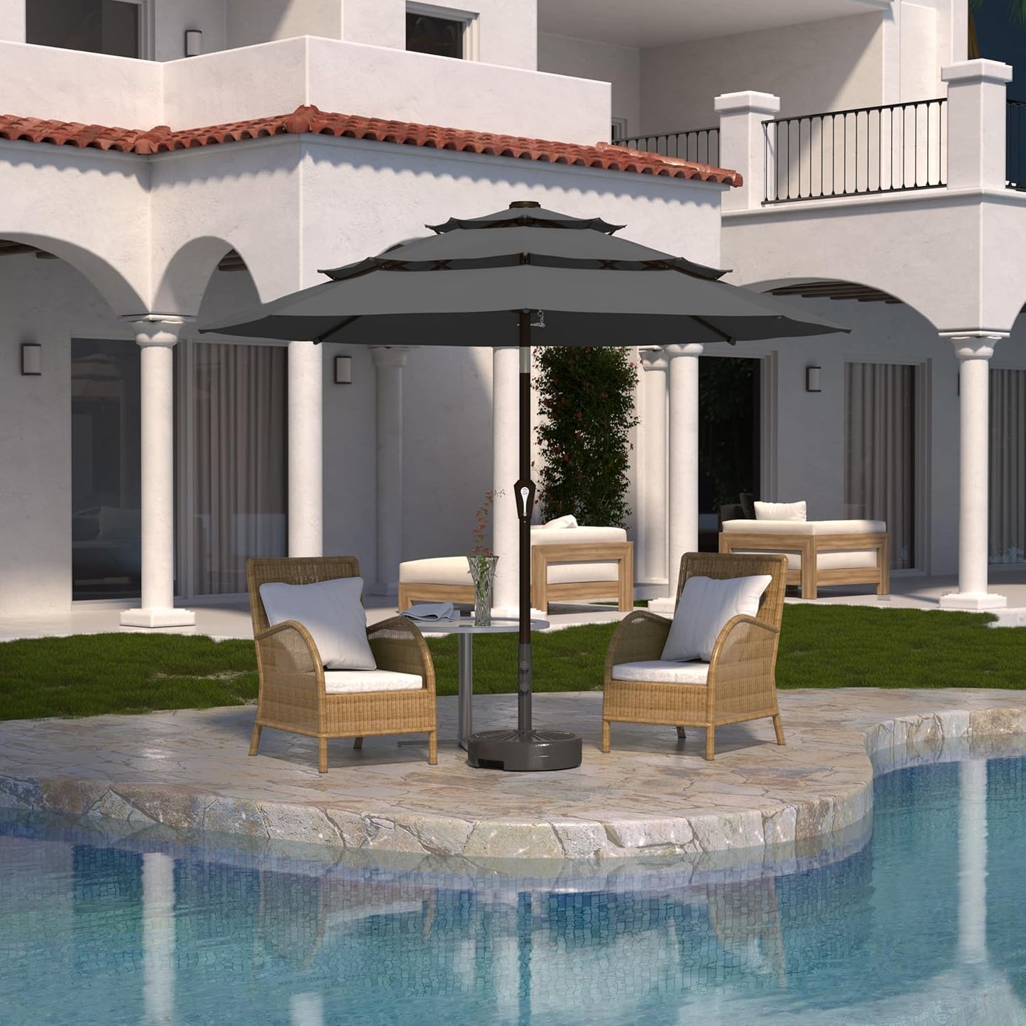 Kingdura 9ft 3-Tier Patio Umbrella, Outdoor Table Umbrella with Easy Crank & Tilt, 8 Reinforced Ribs, UV Protection for Deck, Pool, Market, Backyard (Grey)