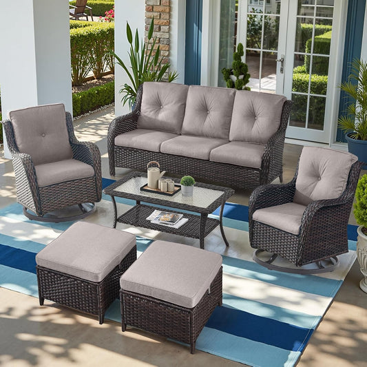 Outdoor Wicker Patio Furniture Set - 6 Piece Rattan Patio Conversation Set with 2 Rocking Swivel Chairs,2 Ottomans,1 Sofa and 1 Coffee Table for Porch Deck Backyard Garden(Brown/Grey)