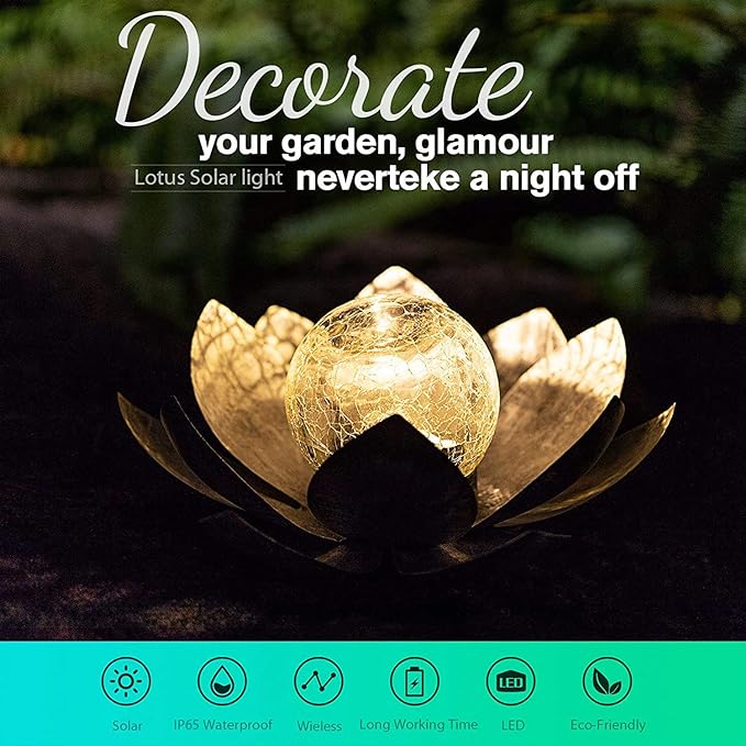 Garden Solar Light Outdoor(2Pack), Amber Crackle Globe Glass Lotus Decoration, Waterproof Gary Metal LED Flower Lights for Patio,Lawn,Walkway,Tabletop, Garden Gifts for Women