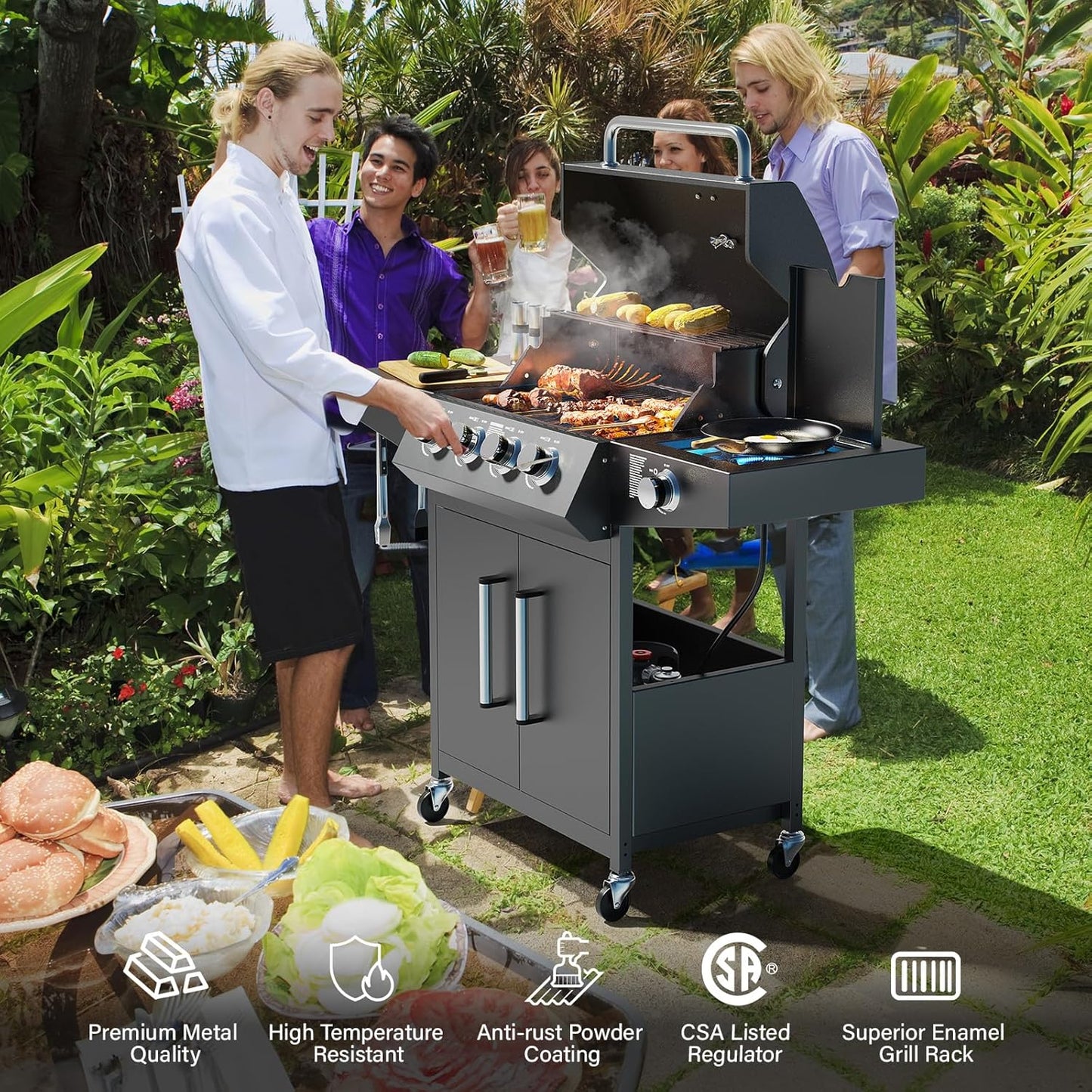 ROVSUN 4 Burner Propane Gas Grill with Side Burner, 58,000BTU BBQ Grills with Enameled Cast Iron Grates, Shelf & Cabinet for Outdoor Garden Patio Backyard Barbecue Cooking