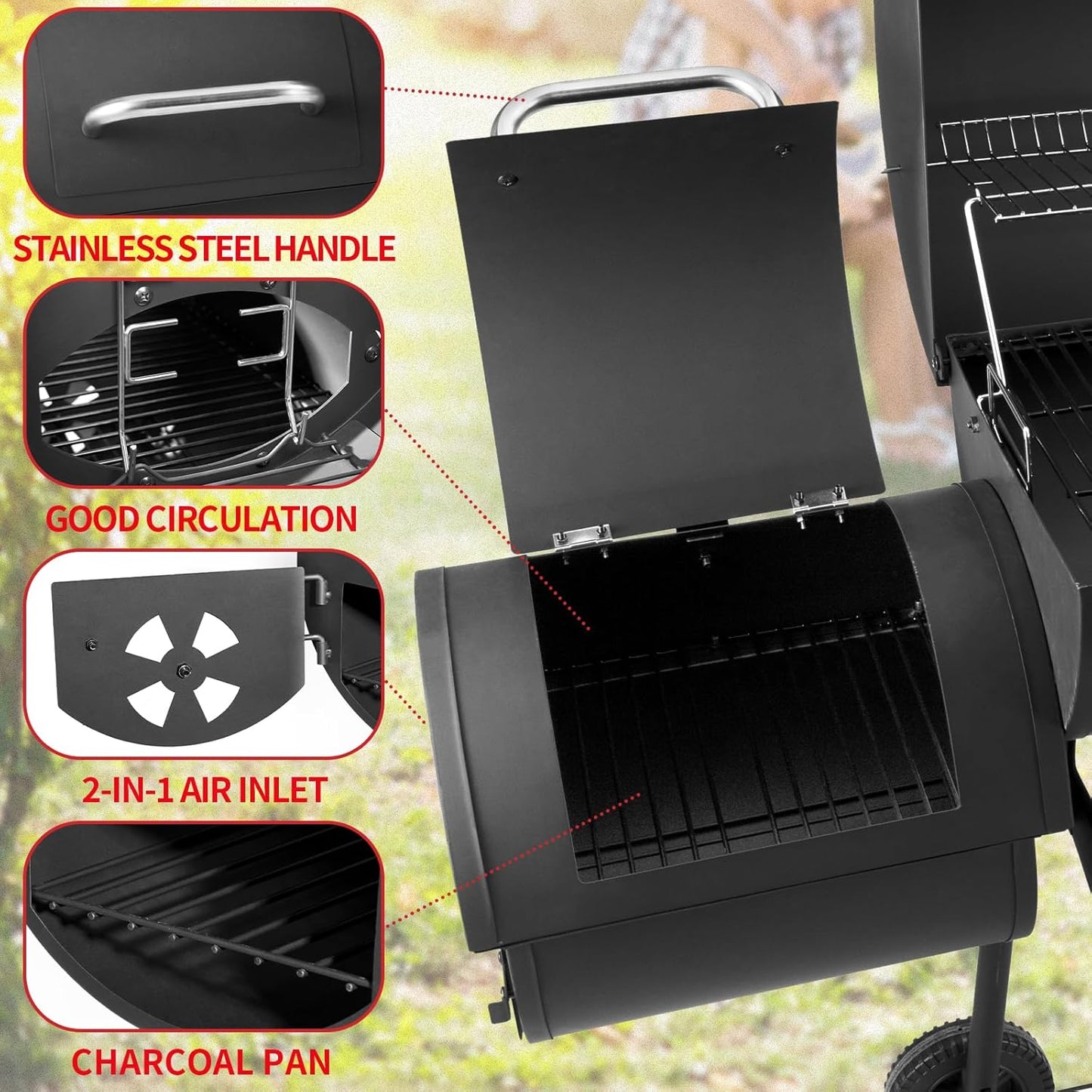 Barrel Charcoal Grill with offset smoker, 714 Square Inches Cooking Area, Outdoor BBQ Grill with Front and Side Shelf, Perfect for Backyard, Patio Parties and Picnics