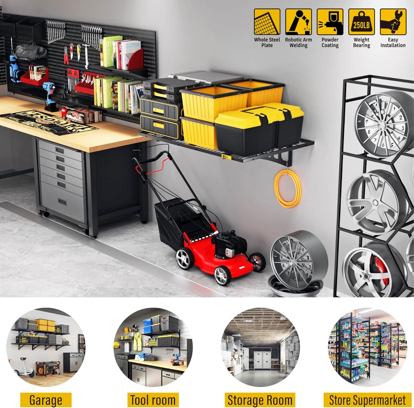 2x3ft Adjustable Rail Wall Garage Storage Shelf, Tool Room, Supermarket Wall Storage Shelving Rack (1 Pack-Black)