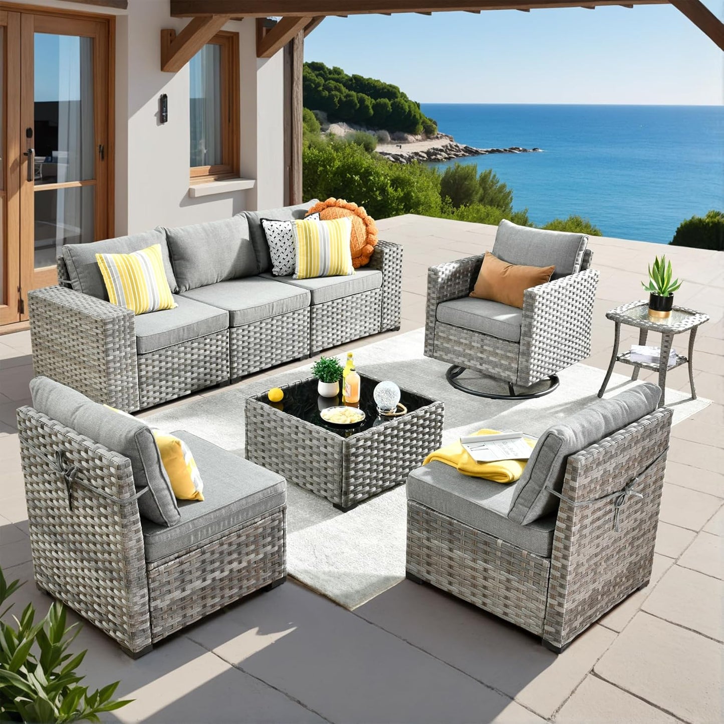 ovios 8 Pieces Patio Furniture Set, Outdoor Wicker Sectional Sofa with Swivel Chair Coffee Table, Modern Modular Deep Seat Rattan Couch Conversation Sets, Dark Grey