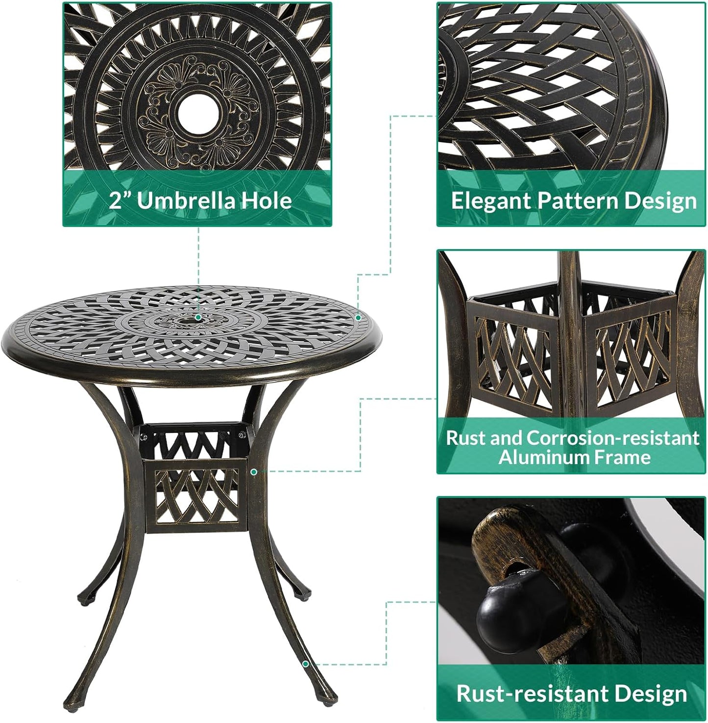 VIVIJASON 3-Piece Patio Bistro Set, Outdoor All-Weather Cast Aluminum Furniture Dining Set, Include 2 Swivel Chairs and 31" Round Table w/Umbrella Hole for Balcony, Lawn, Garden (Red Cushion)