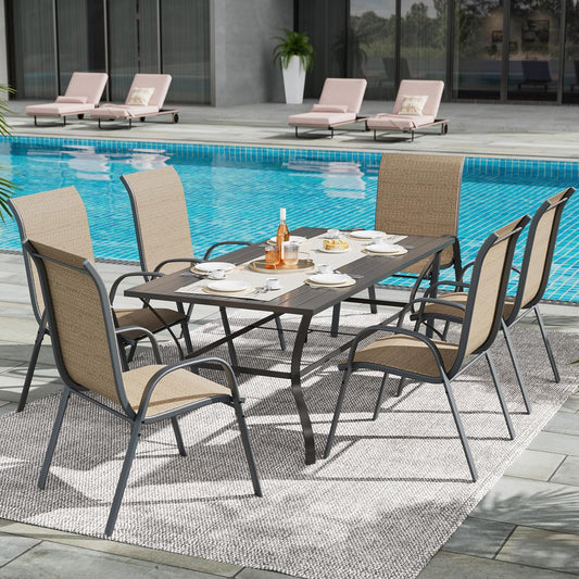 UDPATIO Patio Dining Set of 7, Outdoor Table and Chairs Set with Square Metal Table, 6 Stackable Patio Chairs with High Back, Outdoor Furniture for Deck Garden Backyard Lawn Poolside (Brown)