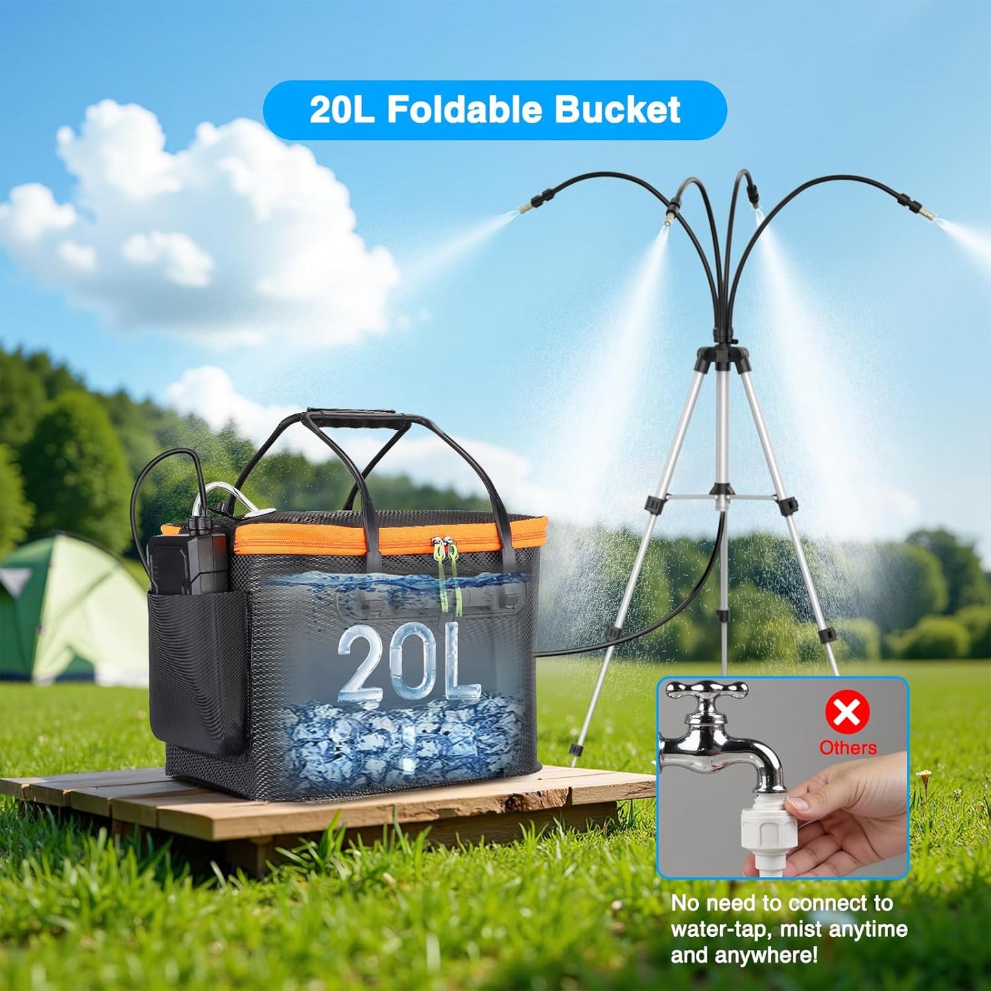 Portable Misting System with Standing, 6000mAh Water Cooling Misters Set for Outside Patio - 20L Bucket, 4.9FT(59IN) Adjustable Height for Outdoor, Beach, Pool, Water Playing, Sprinkler, Camping