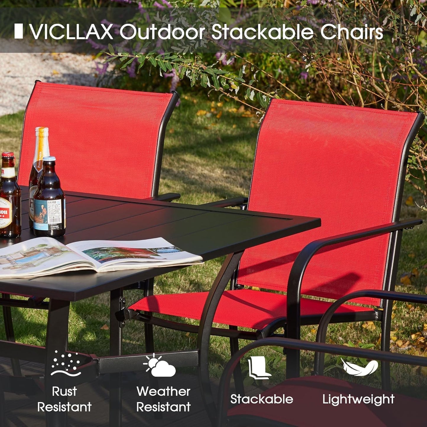 VICLLAX Patio Dining Set for 8, 9 Pieces Outdoor Furniture Set Includes 56.3" Round Patio Table and 8 Patio Stackable Chairs, Outdoor Table and Chairs for Outsides, Black Tabletop and Red Fabric