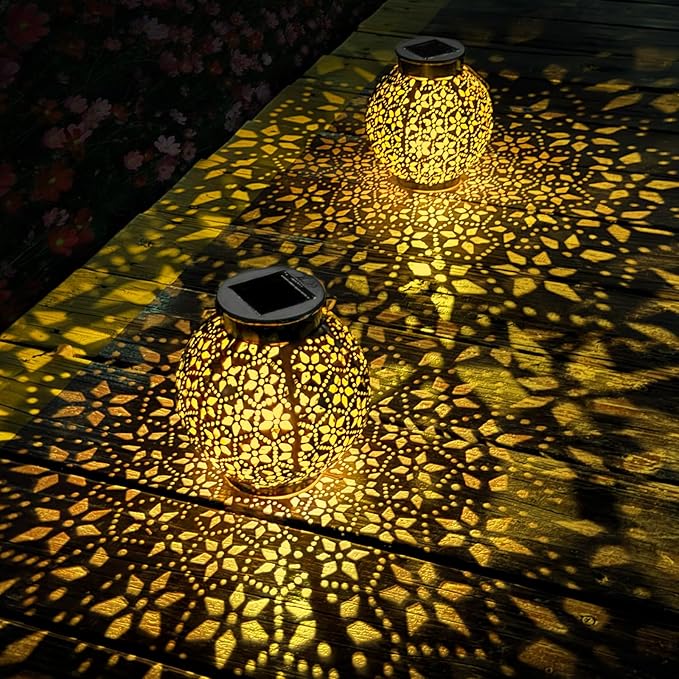 2 Pack Outdoor Solar Lantern Lights, Waterproof Tabletop LED Moroccan Lanterns, Hanging Metal Decorative Garden Lights for Patio, Lawn, Porch, Backyard