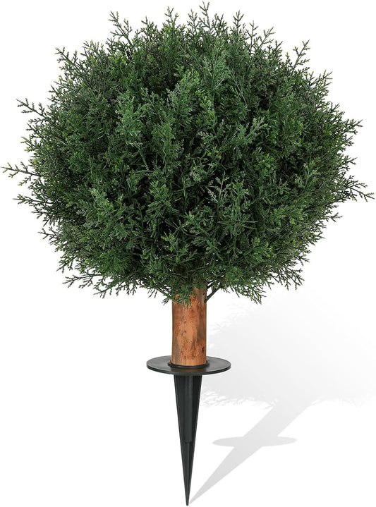 Artificial Cedar Shrubs Ball Trees with Ground Spike, 24.6 inche Tall UV-Resistant Fake Outdoor Plants Evergreen Trees, Realistic Faux Pine Bushes for Front Porch Home Patio Garden, 1 Pcs