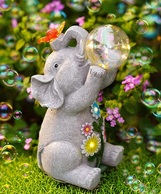 Solar Funny Elephant Statue for Garden: Outdoor Sculptures with Ball Lights and Butterfly Clearance Lawn Ornaments Yard Porch Patio Balcony - Gifts for Mom Grandma