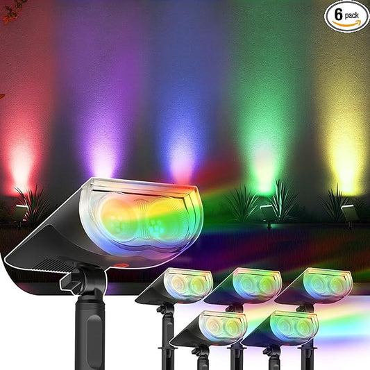 Linkind StarRayS Solar Lights Outdoor, Color Changing Solar Spot Lights Outdoor, IP67 Waterproof Colored Solar Lights for Garden, Yard, Landscape and Walkway, Multicolor, 6 Pack