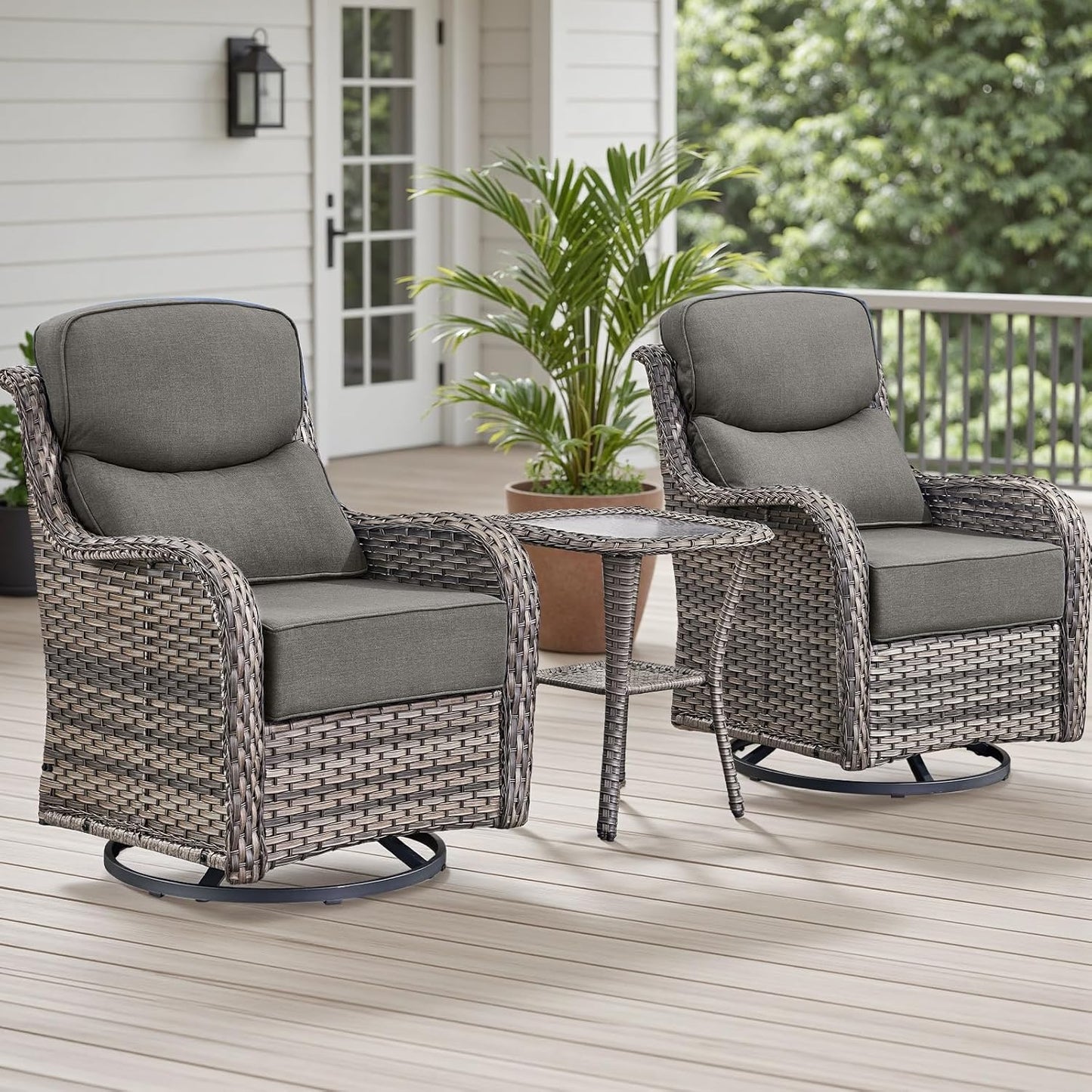 Outdoor Patio Swivel Rocker Chairs Set of 2, Waterproof Wicker, High Back, Deep Seating, Wide Armrest, Upgraded 6 inch Thick Cushions, Side Table, Ideal for Deck Porch Yard, Mixed Grey-Grey