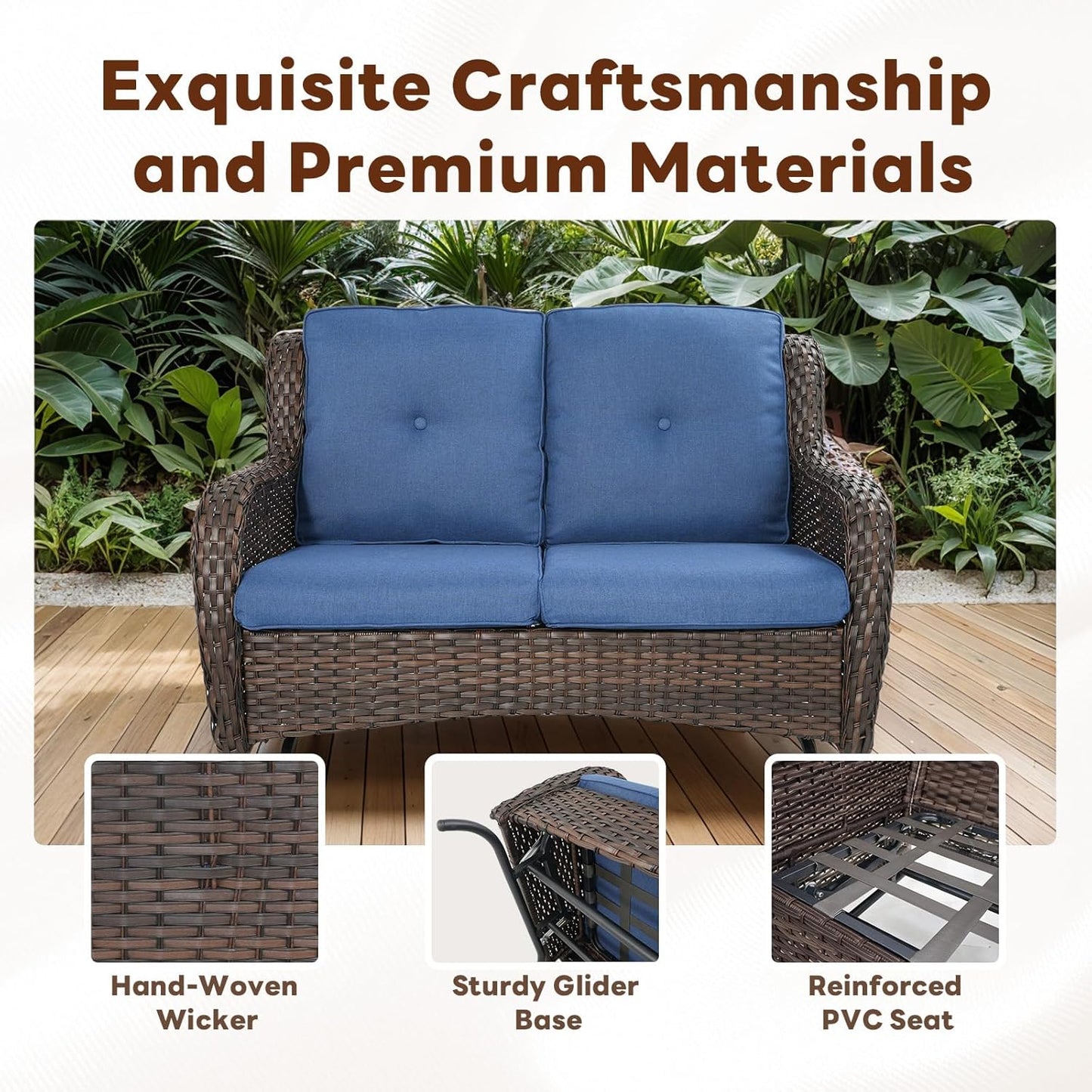 Spacious Outdoor Glider Bench - 500 LBS Weight Capacity Small Loveseat, 2 Seater Patio Gliders Furniture All Weather Wicker Couch with Removable Cushion for Deck Sunroom Balcony Backyard