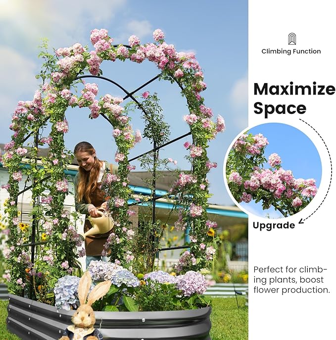 KING BIRD Raised Garden Bed with Arched Trellis Galvanized Planter Garden Box Outdoor for Gardening, Climbing Vegetables, Flowers 5.9x2.95x0.98 Ft, Dark Grey