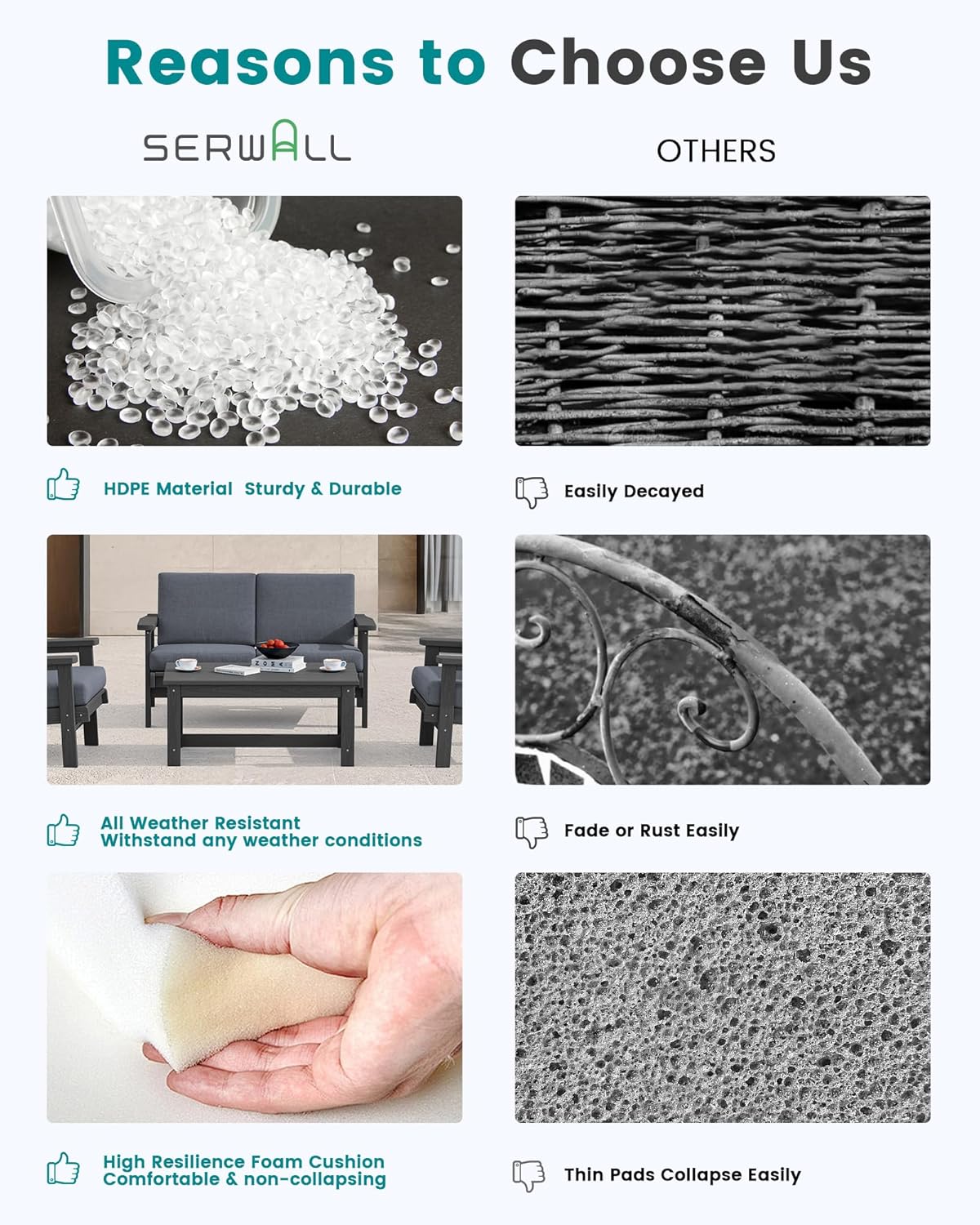 SERWALL Outdoor Patio Furniture Set, 5 Piece HDPE Patio Conversation Sets, All-Weather Wood-Like Outdoor Couch Loveseat and Coffee Table with Thick Cushions for Porch Balcony Garden Backyard