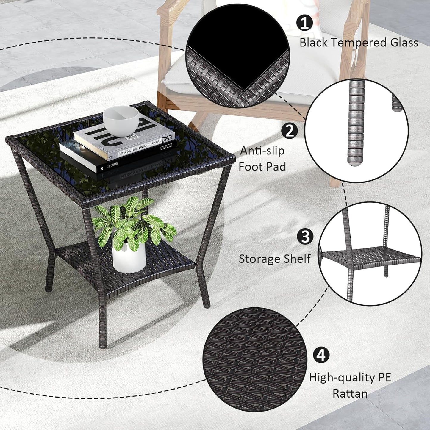 Outdoor Small Patio Table - PE Rattan Coffee Table, Wicker Side Table for Patio, Balcony & Porch, Durable & Iron Frame (1, Black Brown)
