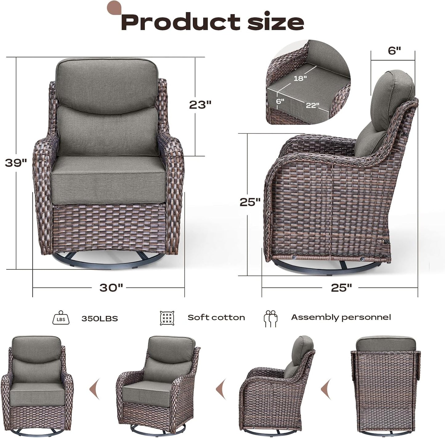 6 Piece Outdoor Patio Swivel Rocker Chairs, Waterproof Wicker, High Back, Deep Seating, Wide Armrest, Upgraded 6 inch Thick Cushions, Side Table, Ideal for Deck Porch Yard, Brown/Grey