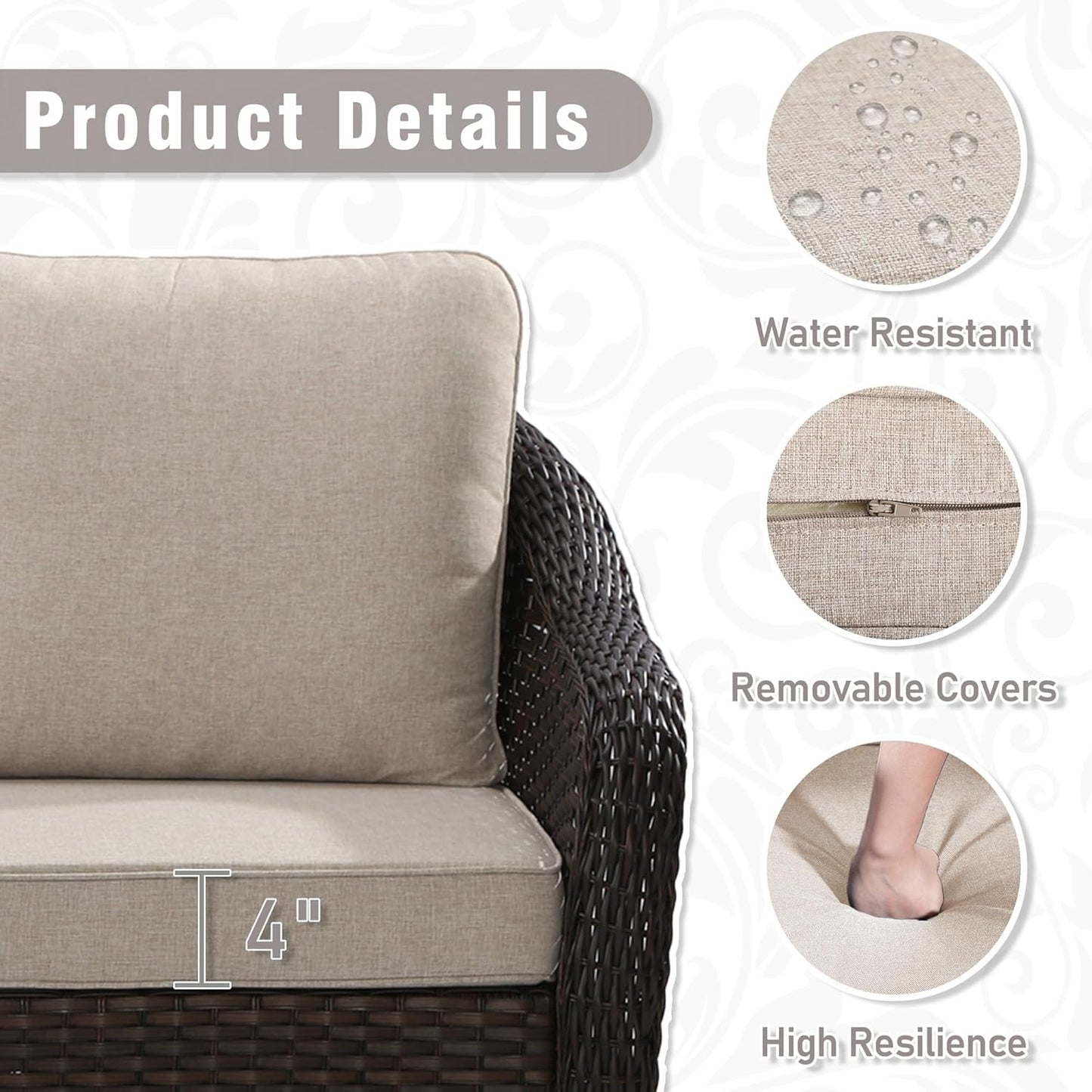 Outdoor Wicker Chair Set of 2, All-Weather Use Patio Rattan Chair with Seat and Back Cushion, Ideal for Porch, Backyard, Balcony, Poolside, Beige