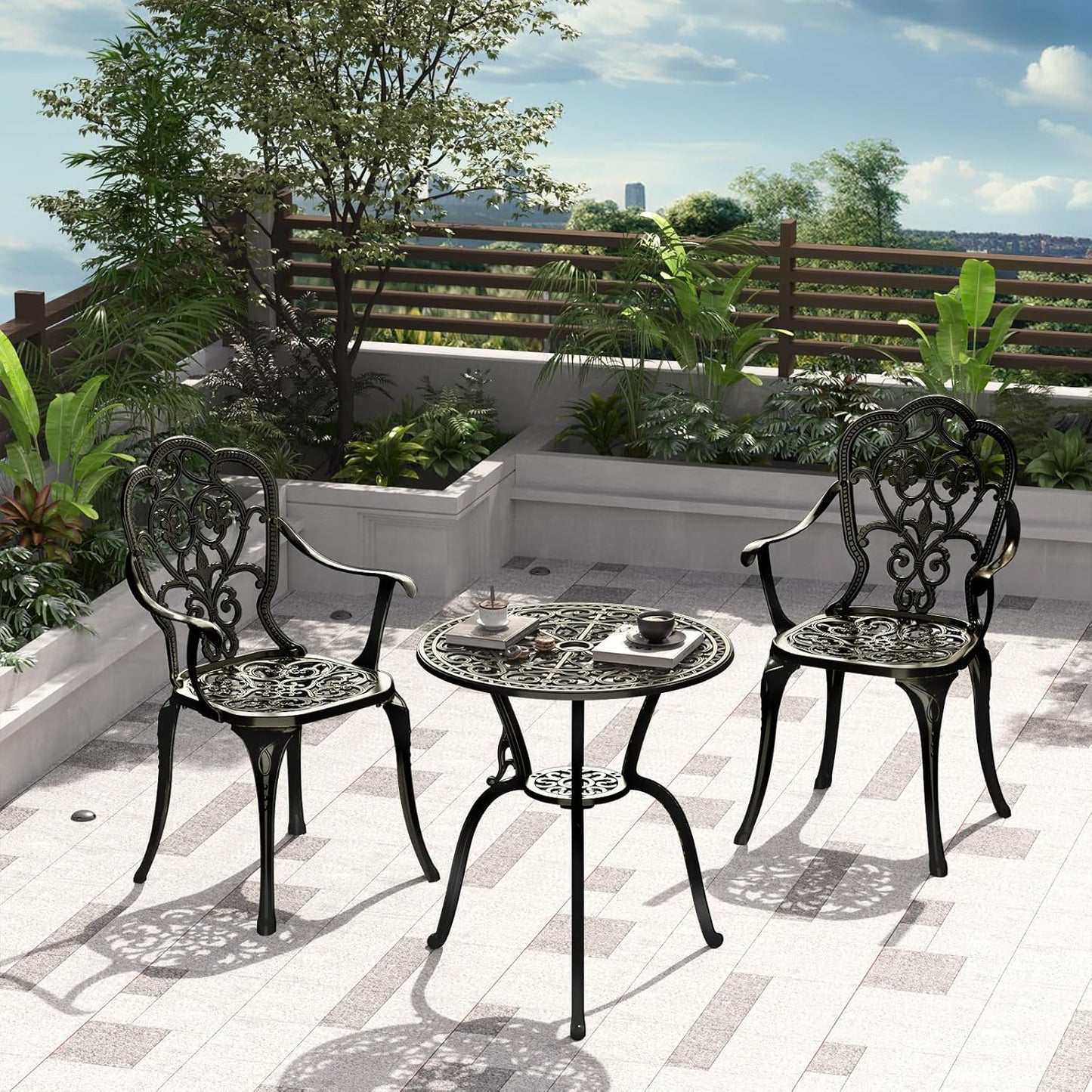 Patio Bistro Set of 2, Cast Aluminum, Outdoor Set w/Umbrella Hole, 3 Piece Table and Chairs Set, Bistro Set for Backyard/Garden/Lawn, Golden Bronze