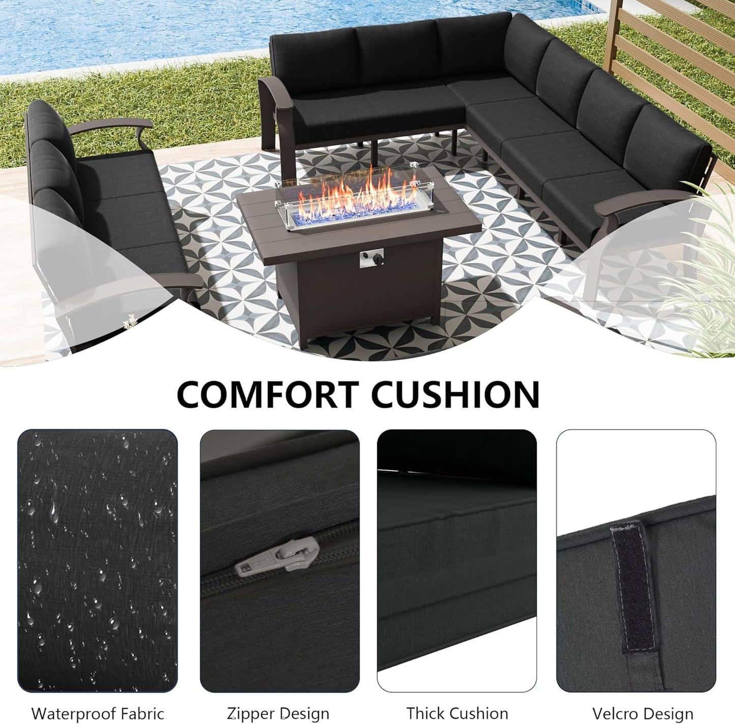 Aluminum Patio Furniture Set, 10 Seats Outdoor Patio Conversation Set with Swivel Chair Modern Metal Patio Sectional Sofa with Coffee Table for Patio, Backyard(Dark Grey).
