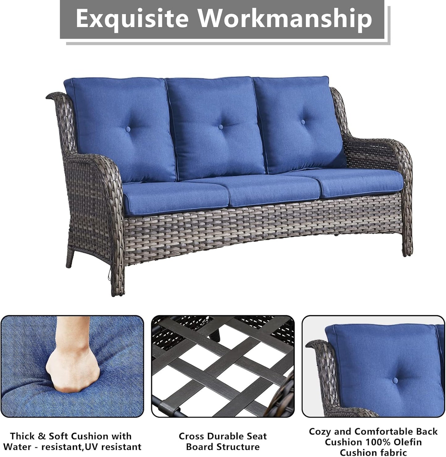 Outdoor Wicker Patio Furniture Set - 6 Piece Rattan Patio Conversation Set with 2 Rocking Swivel Chairs,2 Ottomans,1 Sofa and 1 Side Table for Porch Deck Backyard Garden(Mixed Grey/Blue)