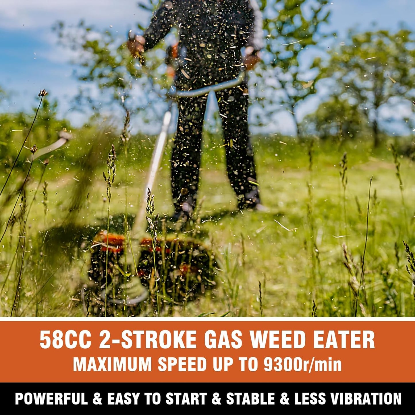 COOCHEER 58cc Gas Weed Eater, 4 in 1 String Trimmer 2-Cycle Gas Powered Weed Wacker Brush Cutter with 18.5’’ Cutting Path, Straight Shaft Weed Trimmer Grass Cutter for Yard, Garden Care, Orange
