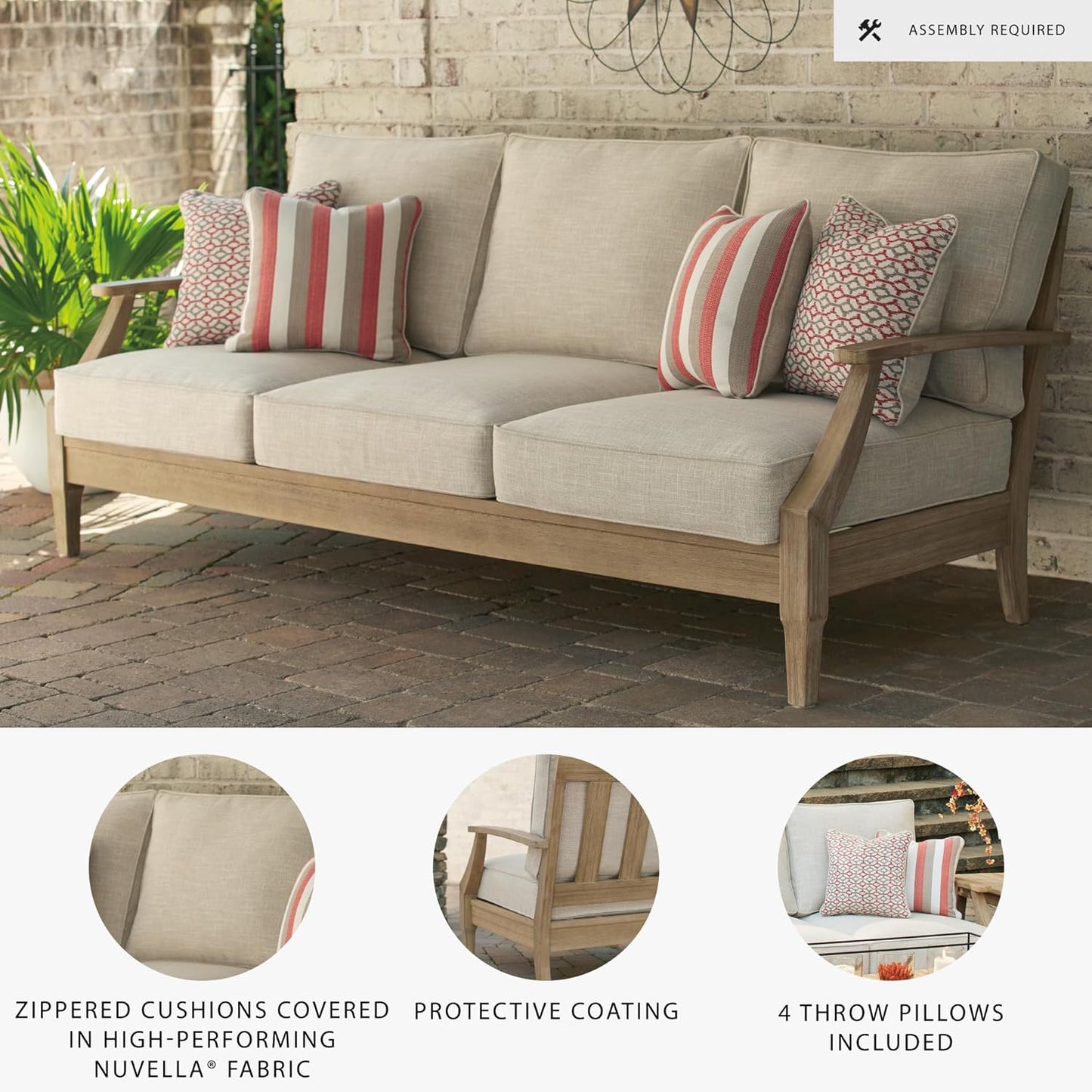 Signature Design by Ashley Clare View Coastal Outdoor Patio Eucalyptus Sofa with Cushions, Beige