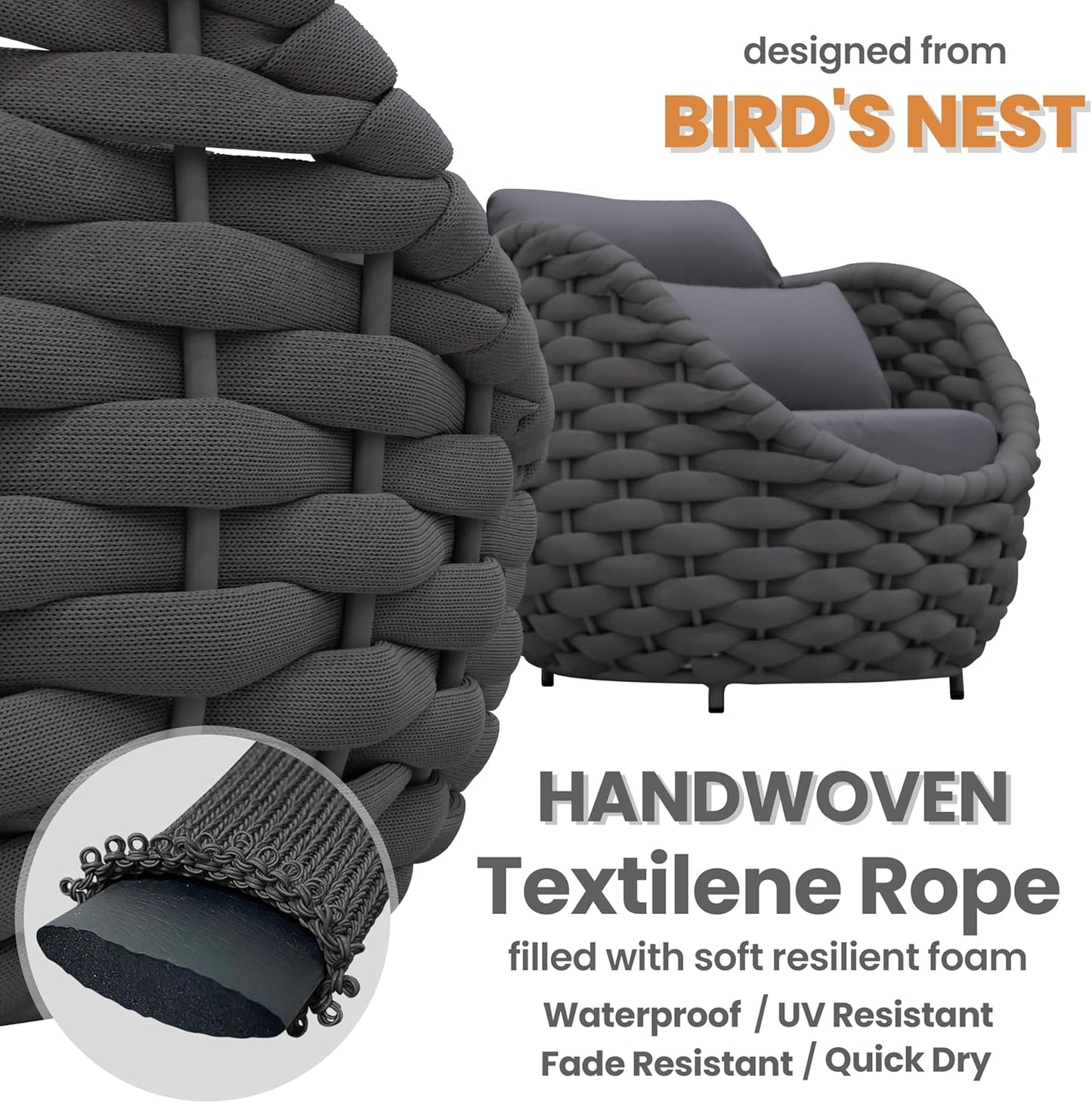 Rope Outdoor Patio Furniture Set: 6 Pieces Aluminum Porch Conversation Sofa Set - Modern Woven Deck Couch Set Cushioned - No Assembly All Weather for 660lbs Yard Garden Lanai Hotel, Dark Gray