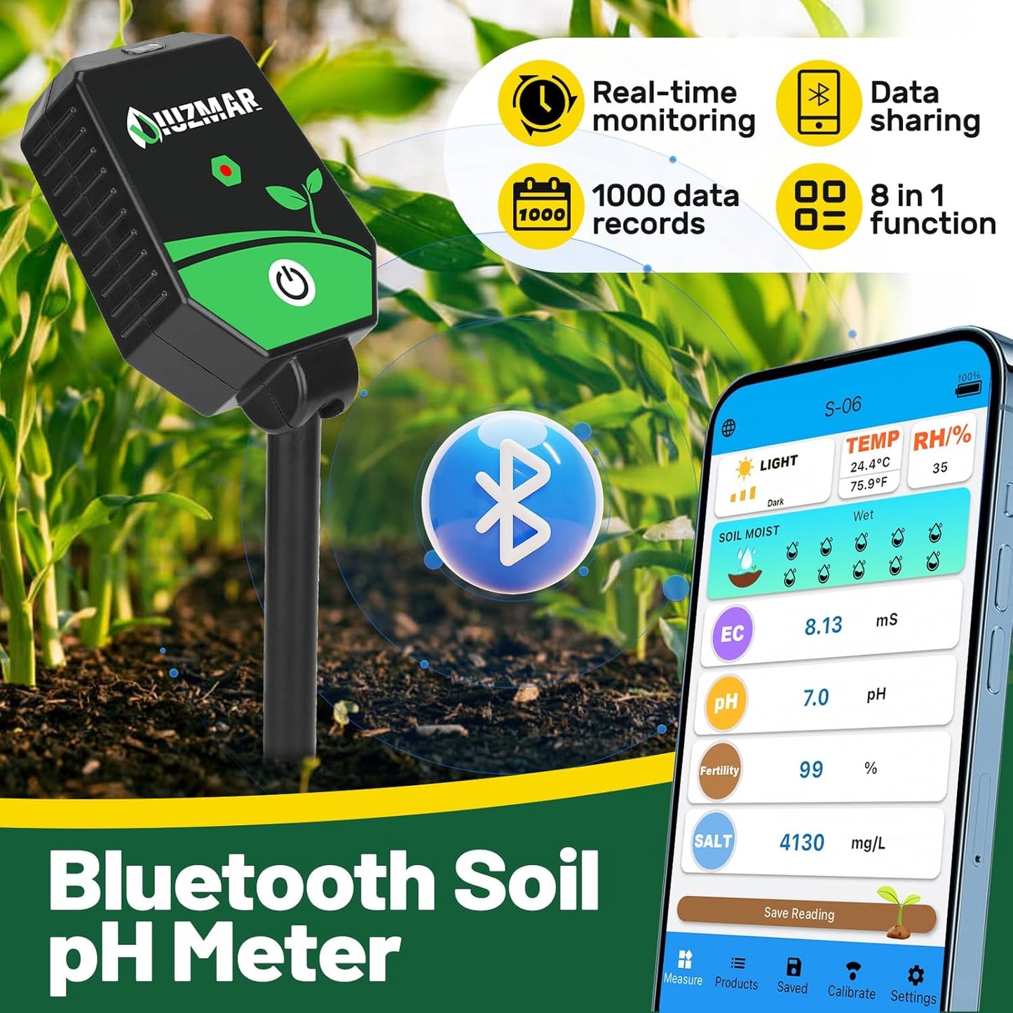 Soil pH Meter Soil Moisture Meter 8 in 1 Fertility Salt Moisture pH EC Light Humidity Temp Accurate Soil pH Test Kit for Garden and Hydroponics