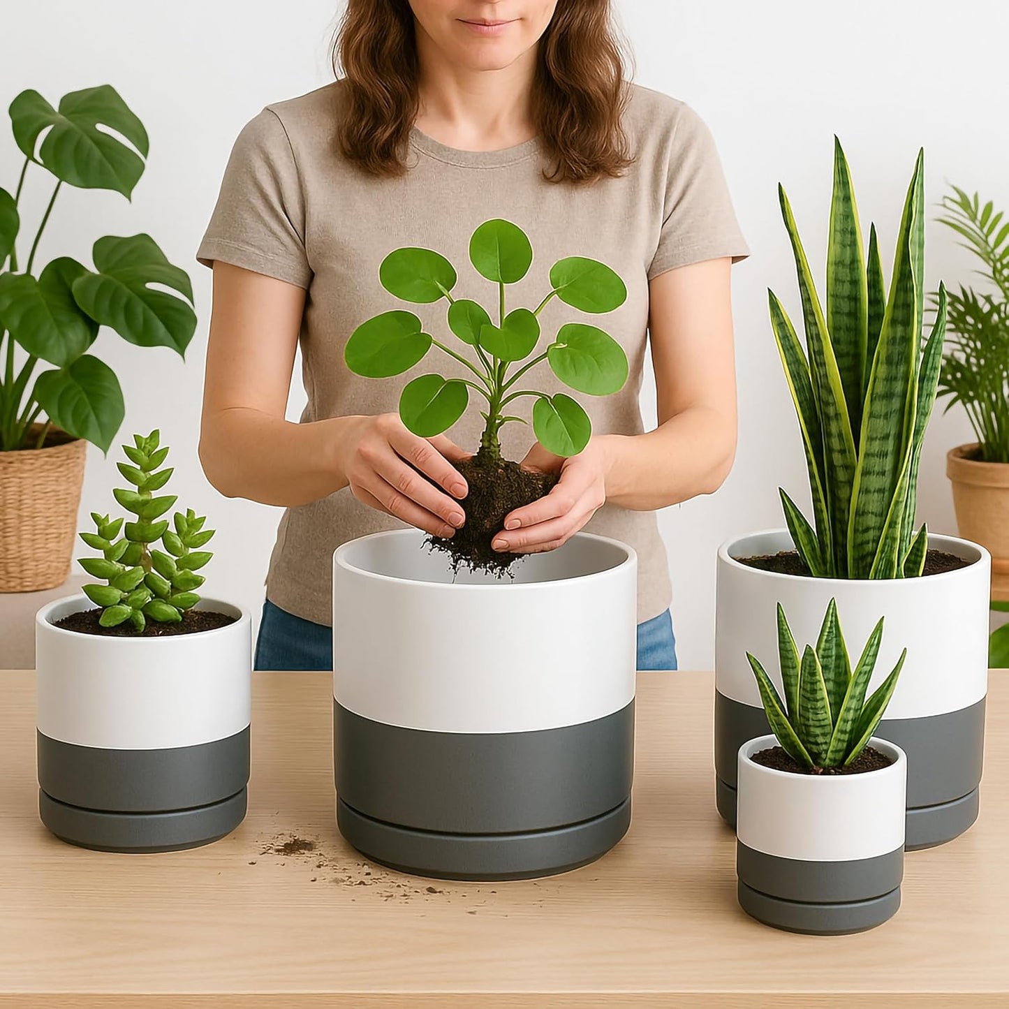 D'vine Dev 6 Inch & 8 Inch & 10 Inch, Set of 3 Round Ceramic Planter Pot with Drainage Hole and Saucer, White/Speckled Grey, 94-T-L-6